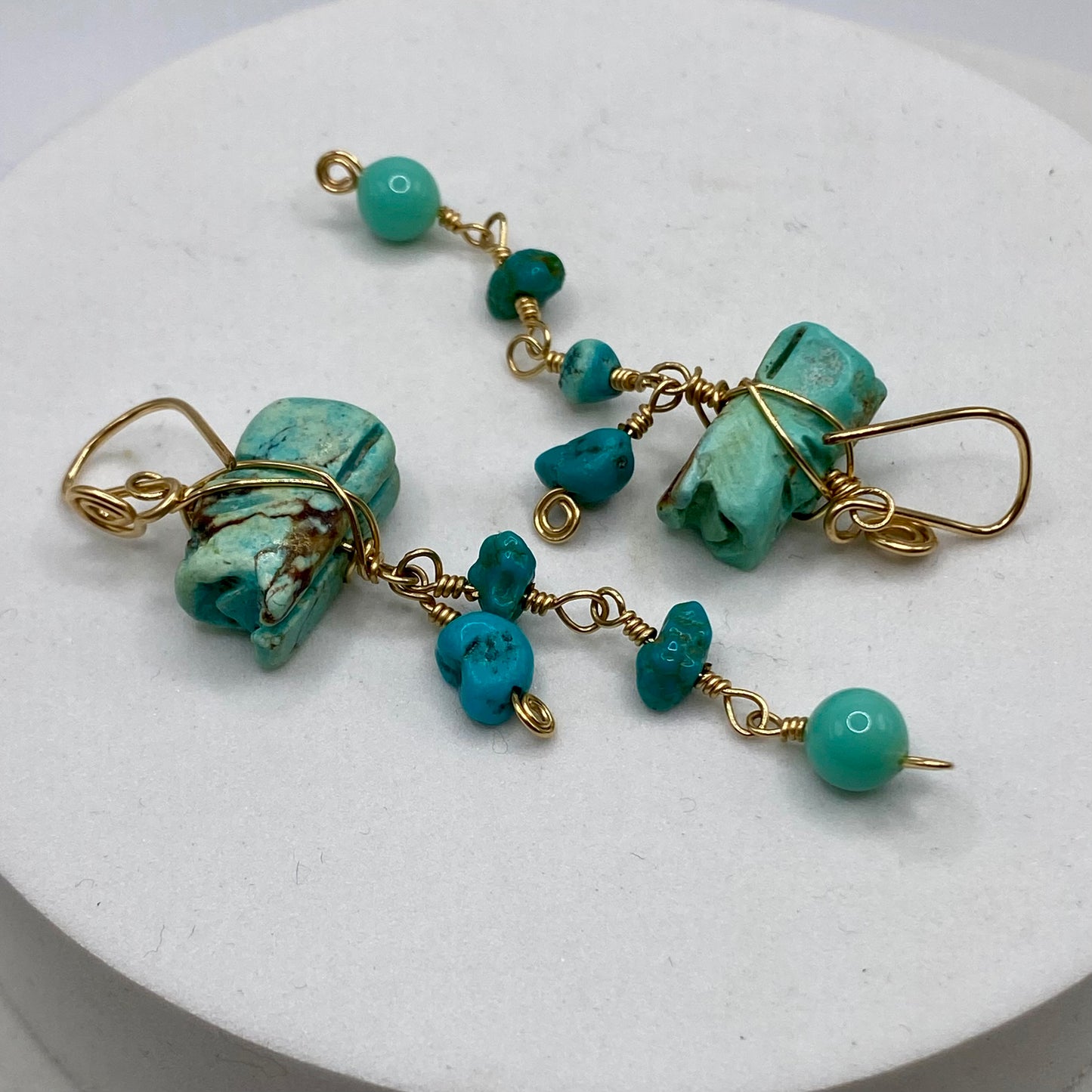 Turquoise & Vintage Glass Dangle Earrings by Hip Chick Glass, Handmade Gold Fill Earrings, Handmade Gemstone Jewelry, December Birthstone Gift