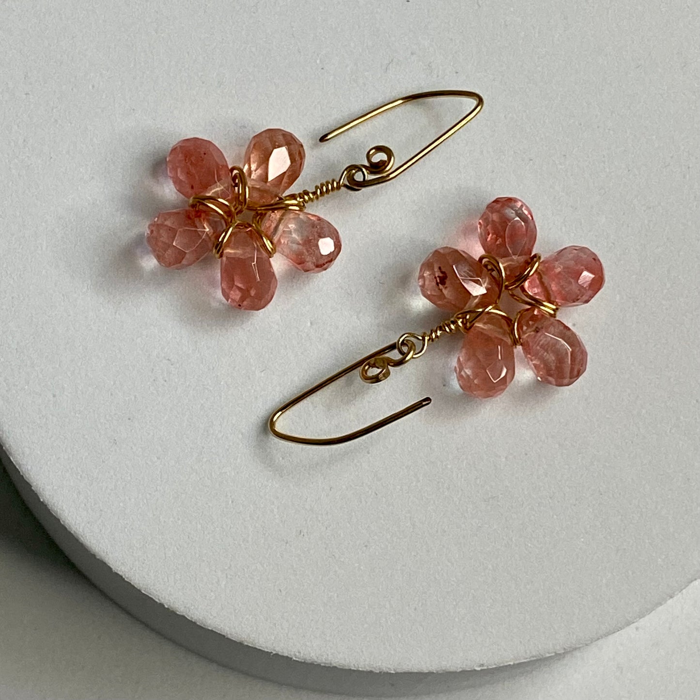 Cherry Quartz Wire Wrap Flower Earrings by Hip Chick Glass, 14 Karat Gold Fill Earrings, Handmade Gemstone Jewelry, Birthstone Gift