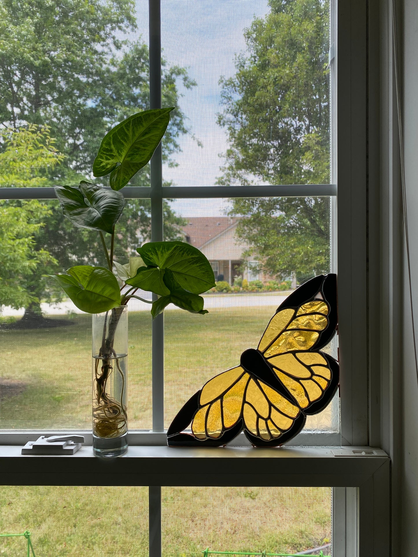 YELLOW BUTTERFLY Window Corner | Stained Glass Window Panel | Handmade Home Décor | Butterfly Sun Catcher by Hip Chick Glass, LLC