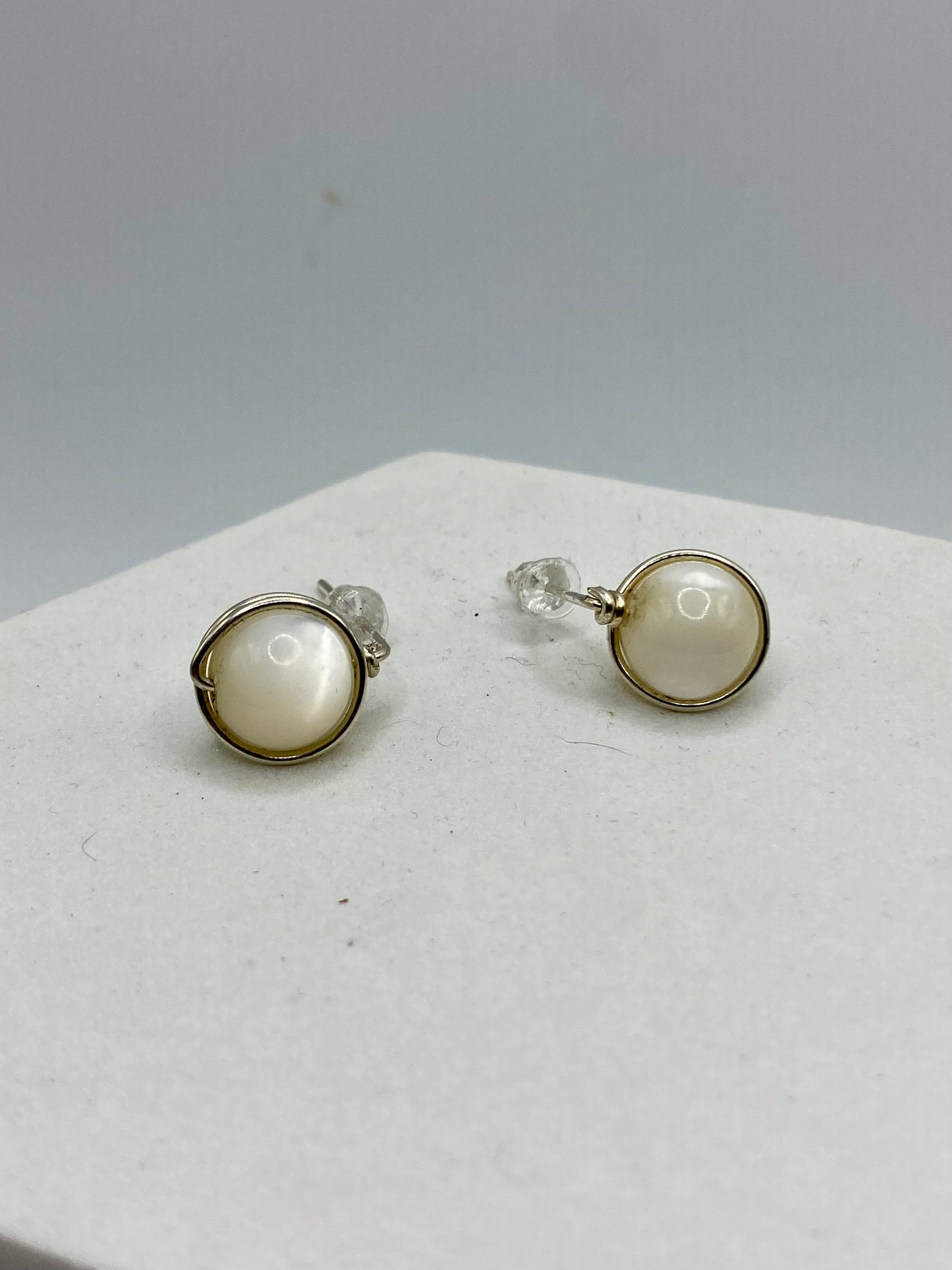 Mother of Pearl Silver Stud Earrings by Hip Chick Glass, Handmade Birthstone Earrings, Pearl Earrings, Pearl Stud Earrings, Sterling & Gemstone Wire Wrap Earrings