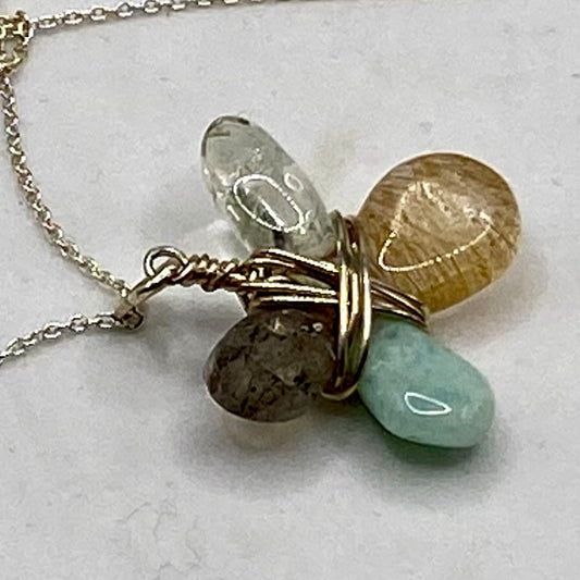 Quartz, Prehnite, Labradorite, Amazonite Gemstone Pendant by Hip Chick Glass, Handmade Sterling Silver Jewelry, Handmade Gemstone Jewelry, Silver Wire Wrap Pendant Necklace
