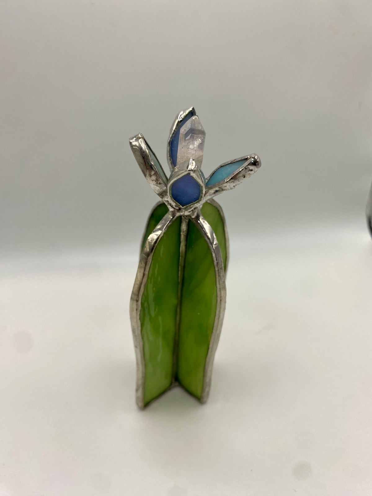 Stained Glass Cactus with Quartz Crystal Point & Flower by Hip Chick Glass, Handmade Home Decor, Tabletop Glass Cactus, Handmade Gift