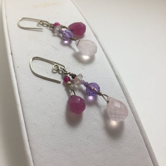 Rose Quartz, Pink Chalcedony, Amethyst, Hematite Gemstone Earrings by Hip Chick Glass, Sterling Silver Earrings, Handmade Gemstone Jewelry, Birthstone Gift