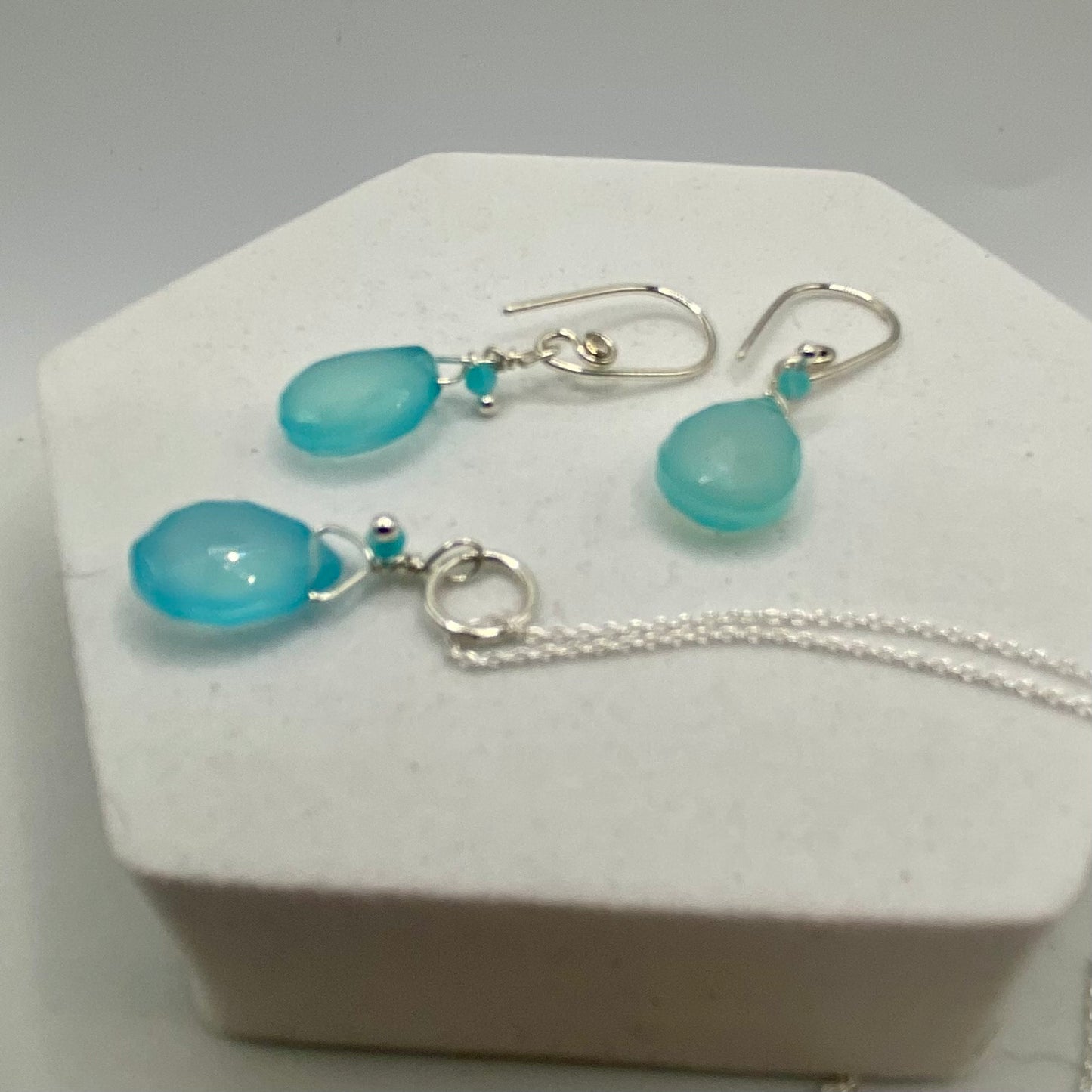 Blue Chalcedony Necklace Earring Set by Hip Chick Glass, Handmade Sterling Silver Jewelry, Handmade Gemstone Jewelry, Birthstone Gift