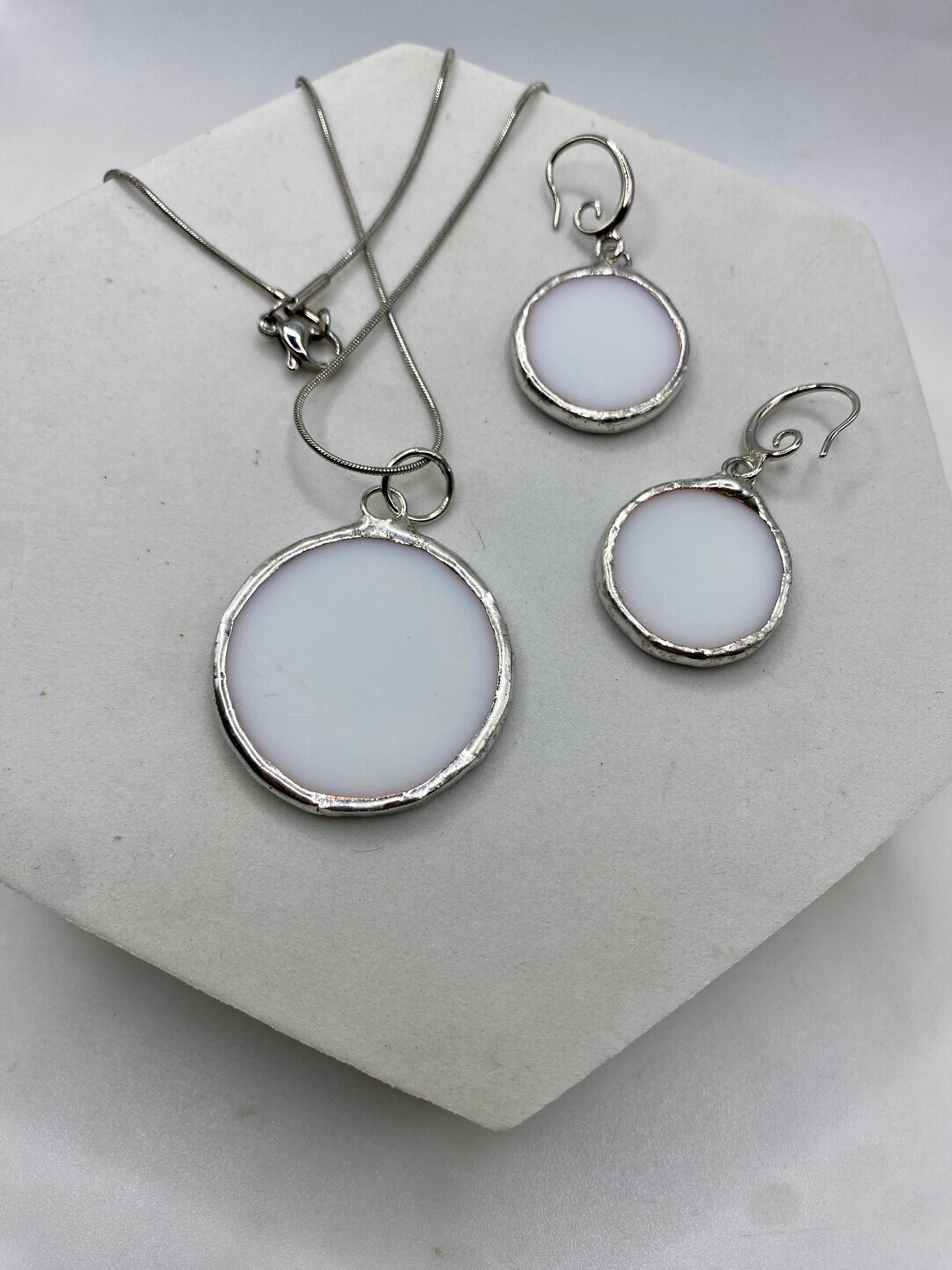 CUSTOM TRACY S | White Circles Stained Glass Jewelry Set by Hip Chick Glass, Stained Glass Necklace Stained Glass Earrings