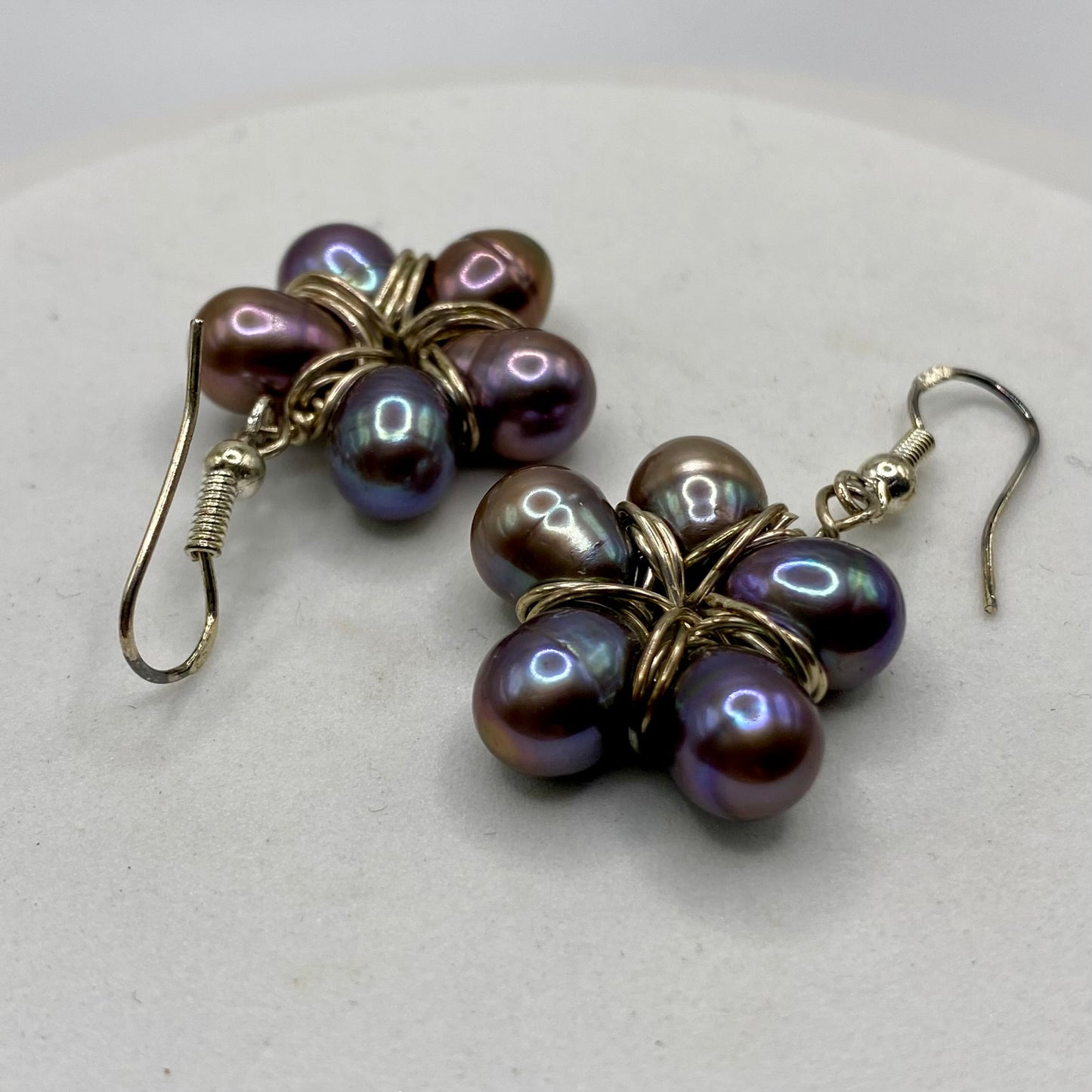 Black Pearl Flower Earrings by Hip Chick Glass, Sterling Silver Wire Wrap Earrings, Handmade Gemstone Jewelry, June Birthstone Gift