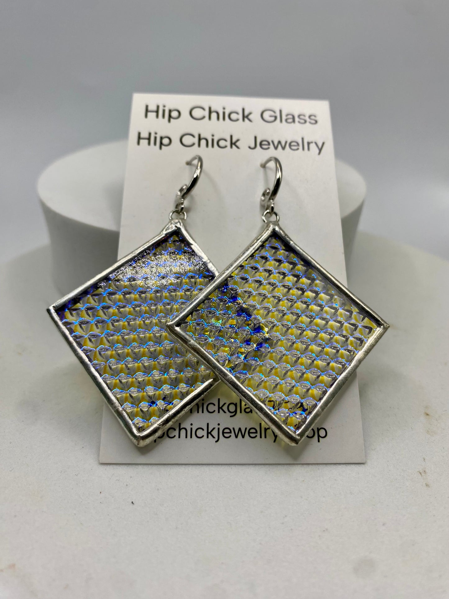Blue Microdot Square Earrings | Stained Glass Earrings by Hip Chick Glass, Stained Glass Dangle Drop Earrings, Stained Glass Earrings