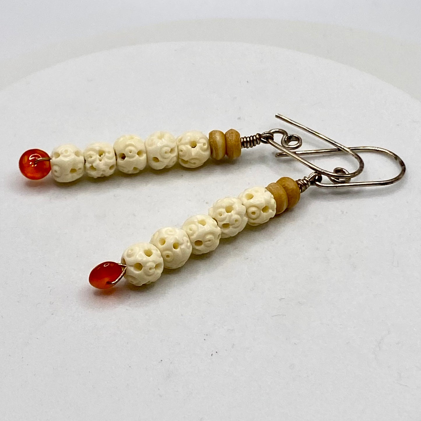 Carnelian, Carved Bone & Seed Earrings by Hip Chick Glass, Sterling Silver Earrings, Handmade Gemstone Jewelry, Gift For Woman
