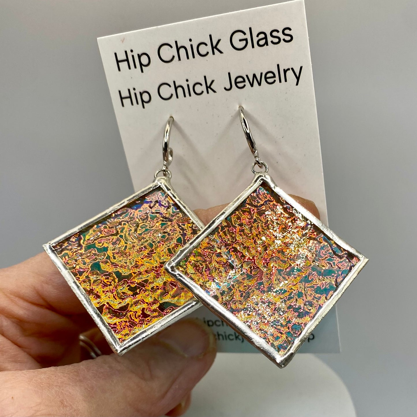 Pink Crinkle Square Earrings | Stained Glass Earrings by Hip Chick Glass, Stained Glass Dangle Drop Earrings, Stained Glass Earrings