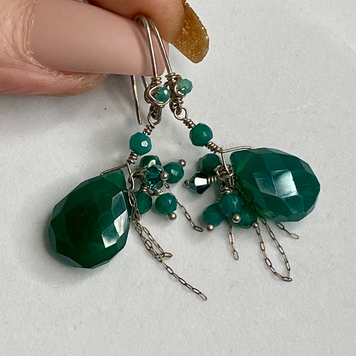 Teal Agate & Swarovski Crystal Dangle Earrings by Hip Chick Glass, Sterling Silver Earrings, Handmade Gemstone Jewelry, Birthstone Gift