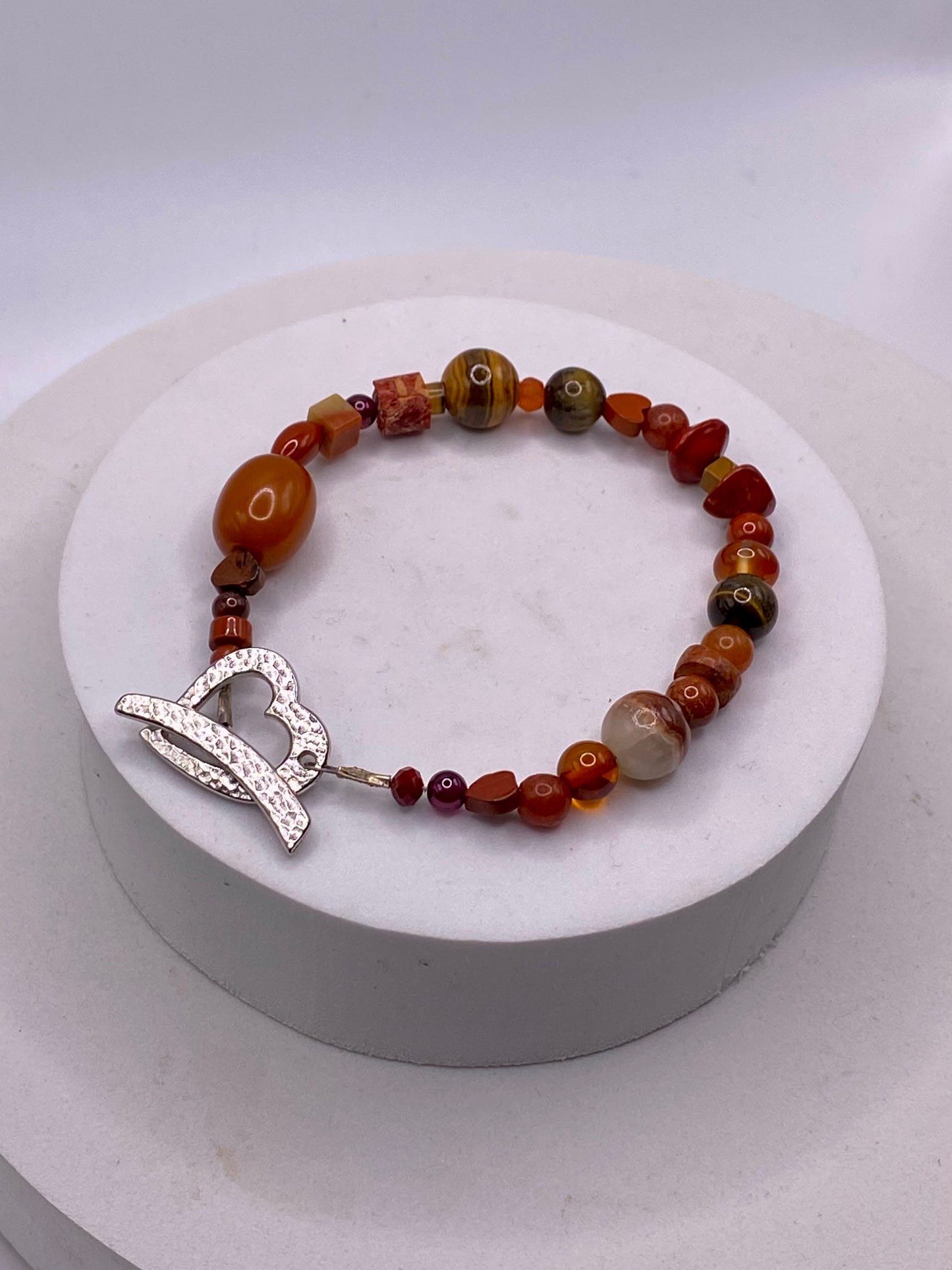 Valentines Day Bracelet with Pewter Heart Clasp & Mixed Orange Gemstones by Hip Chick Glass, Handmade Bracelet, Handmade Gemstone Bracelet, Birthstone Gift