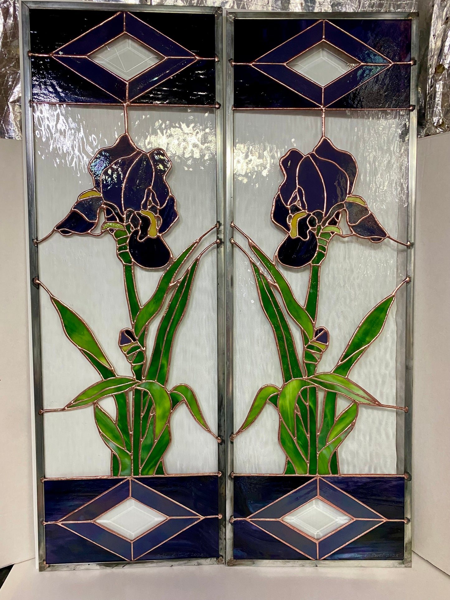 Iris Double Stained Glass Panels by Hip Chick Glass LLC.