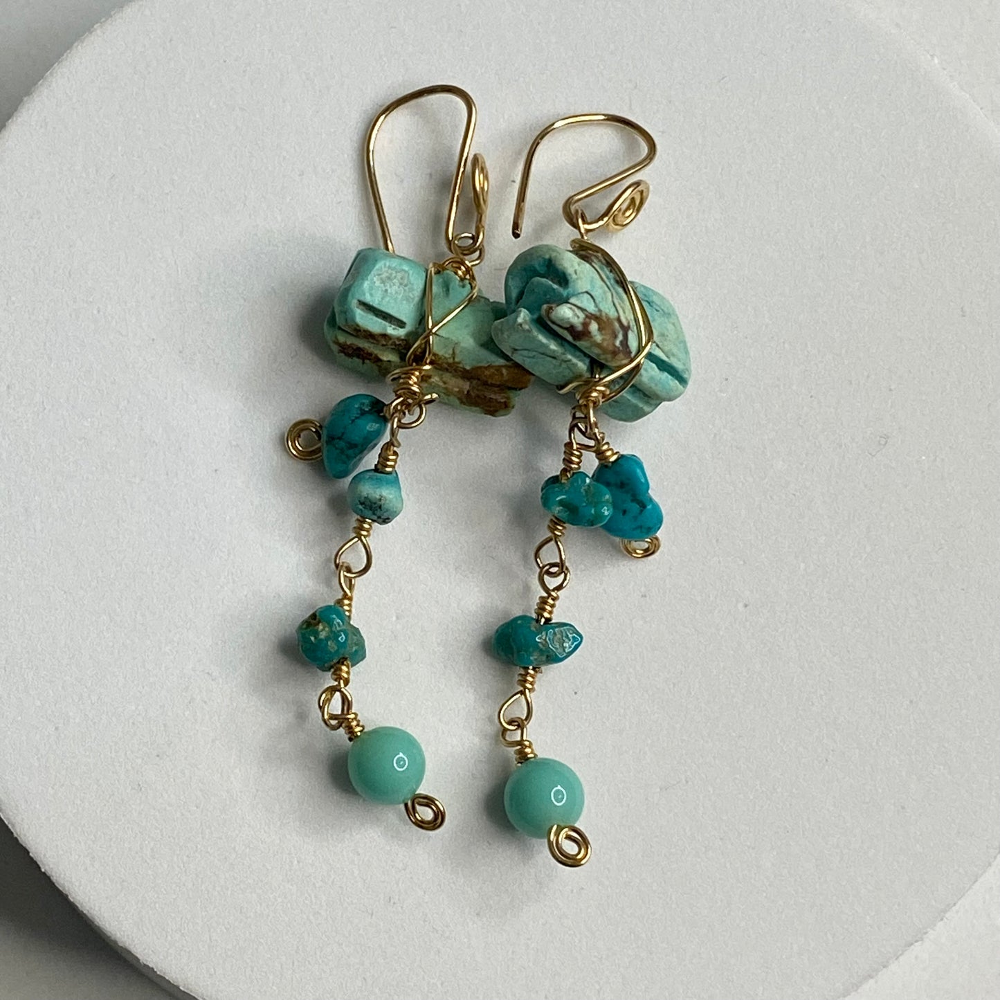 Turquoise & Vintage Glass Dangle Earrings by Hip Chick Glass, 14 Karat Gold Fill Earrings, Handmade Gemstone Jewelry, Birthstone Gift