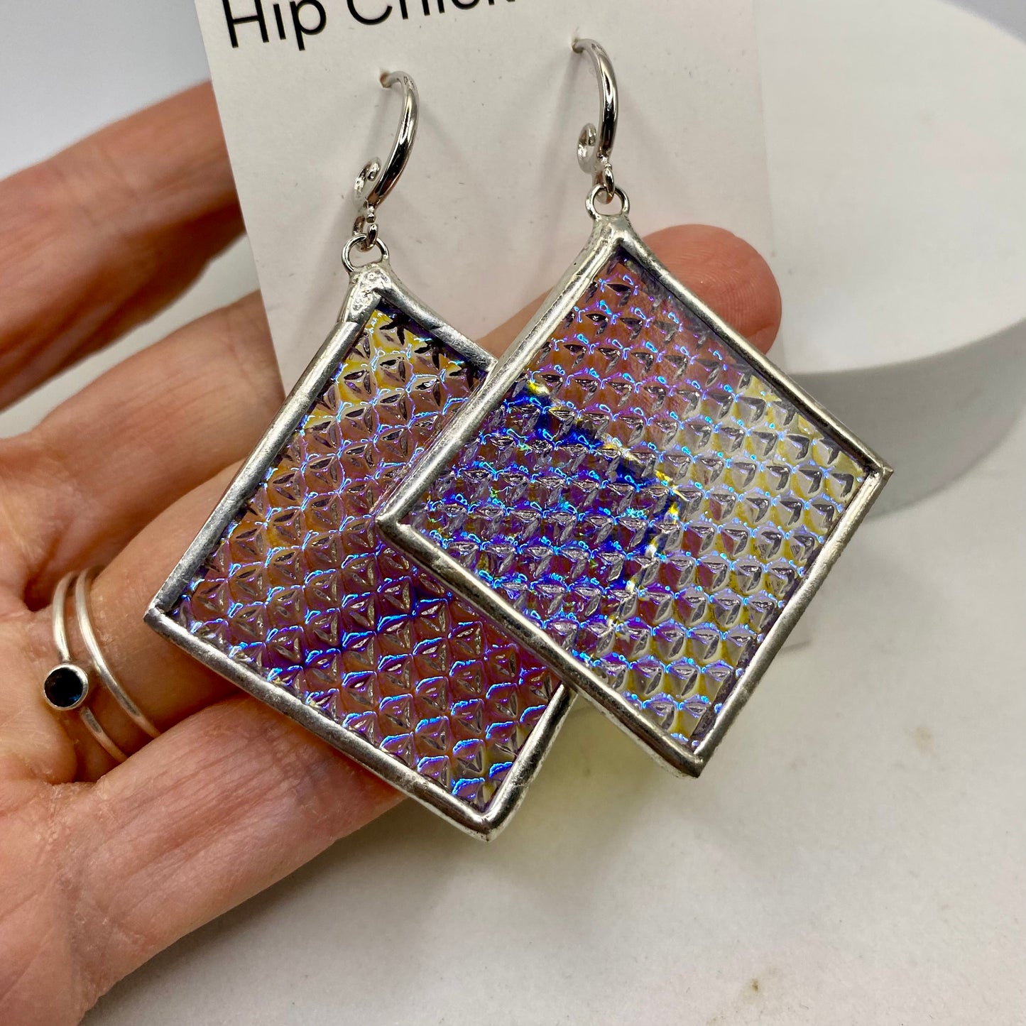 Blue Microdot Square Earrings | Stained Glass Earrings by Hip Chick Glass, Stained Glass Dangle Drop Earrings, Stained Glass Earrings
