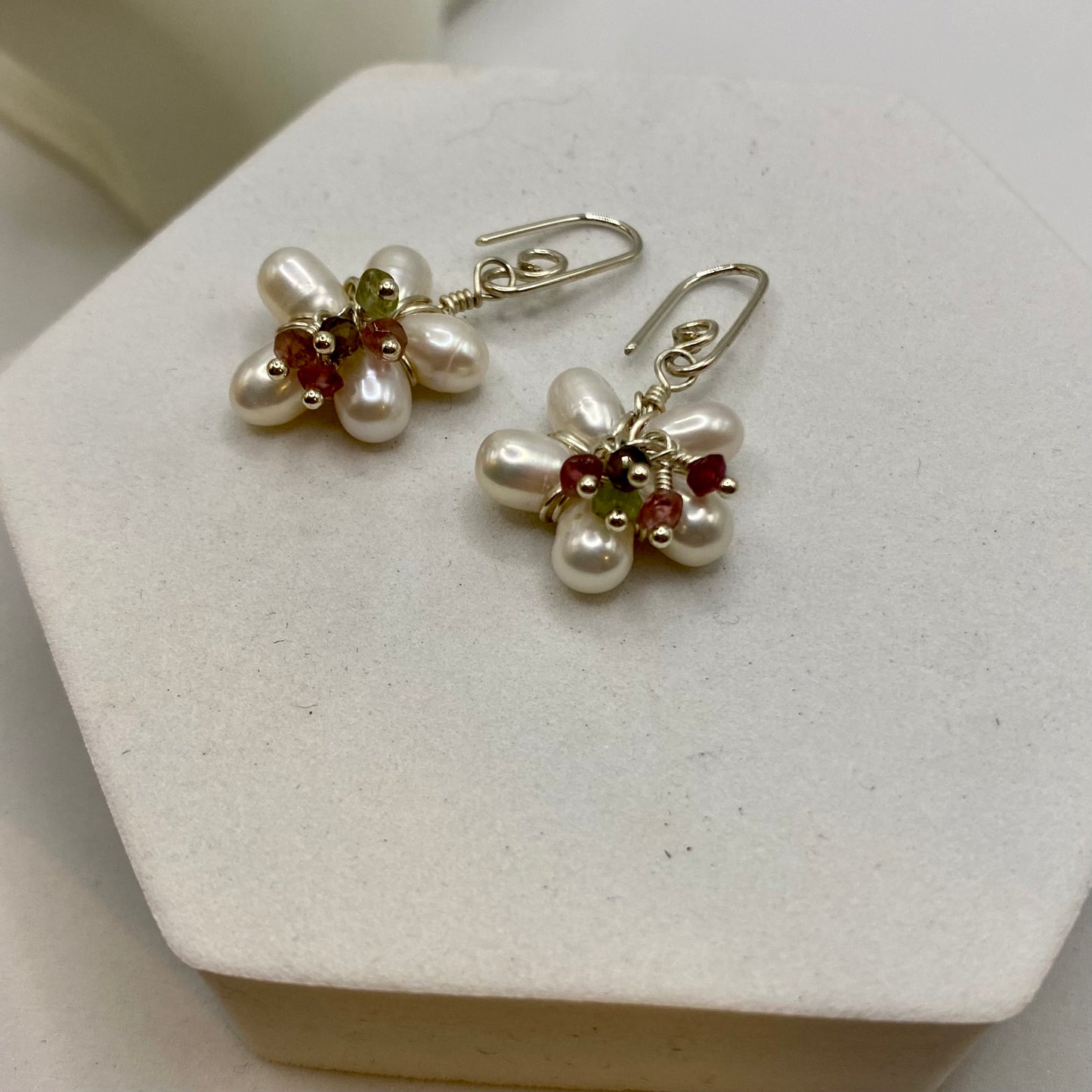 Pearl & Watermelon Tourmaline Flower Earrings by Hip Chick Glass, Sterling Silver Wire Wrap Earrings, Handmade Gemstone Jewelry, June Birthstone