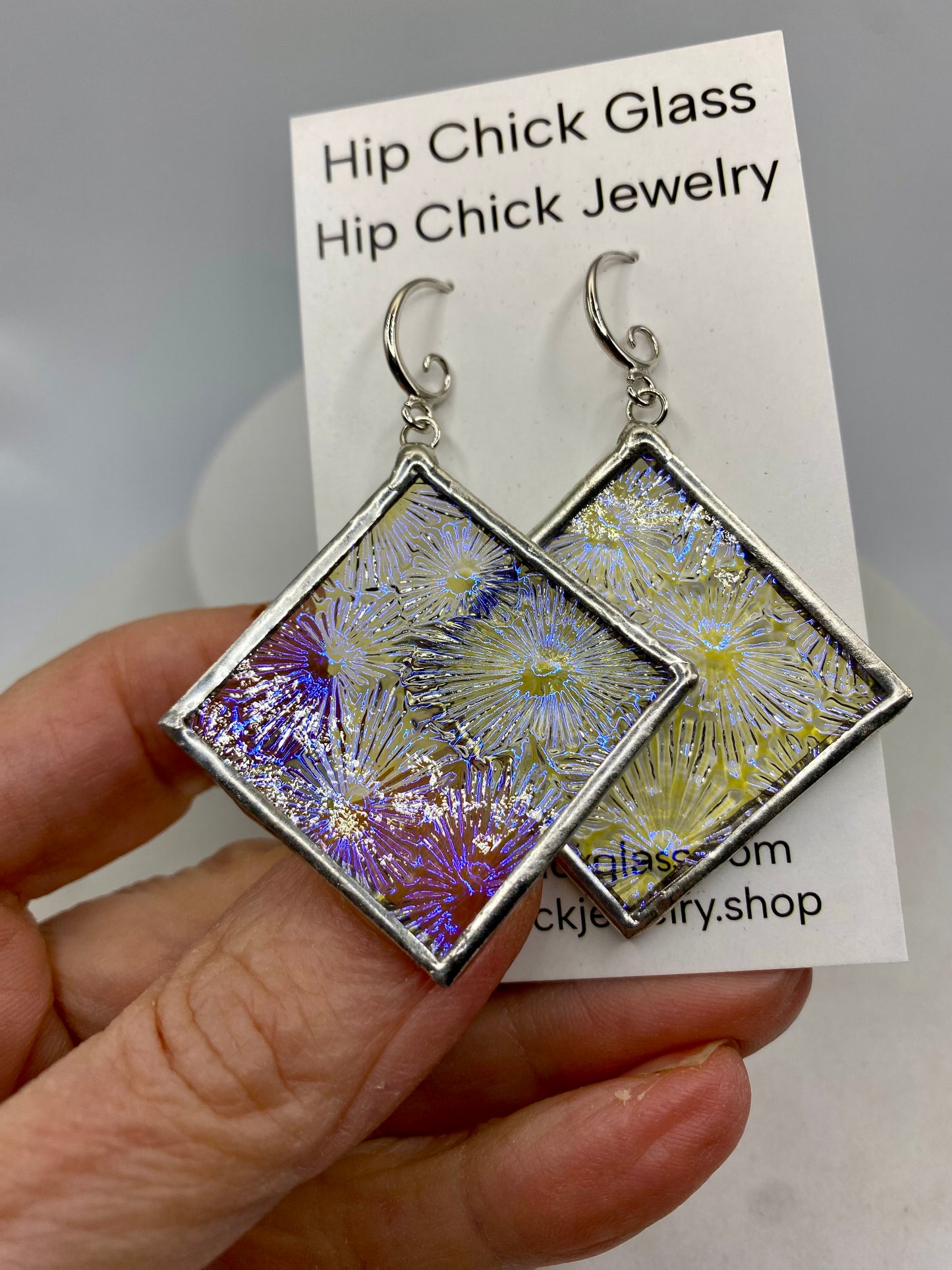 Blue Snowflake Square Earrings | Stained Glass Earrings by Hip Chick Glass, Stained Glass Dangle Drop Earrings, Stained Glass Earrings
