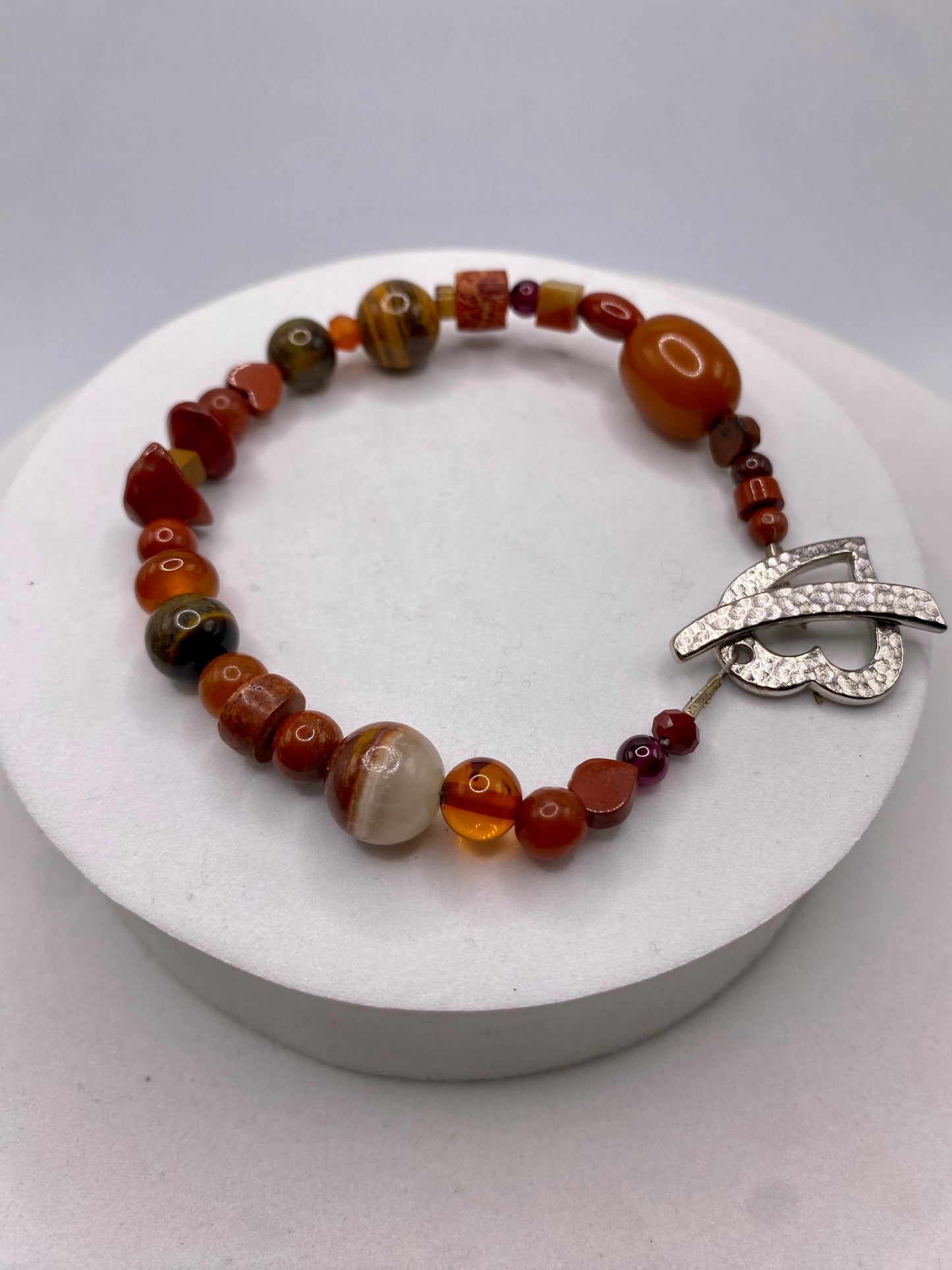 Valentines Day Bracelet with Pewter Heart Clasp & Mixed Orange Gemstones by Hip Chick Glass, Handmade Bracelet, Handmade Gemstone Bracelet, Birthstone Gift