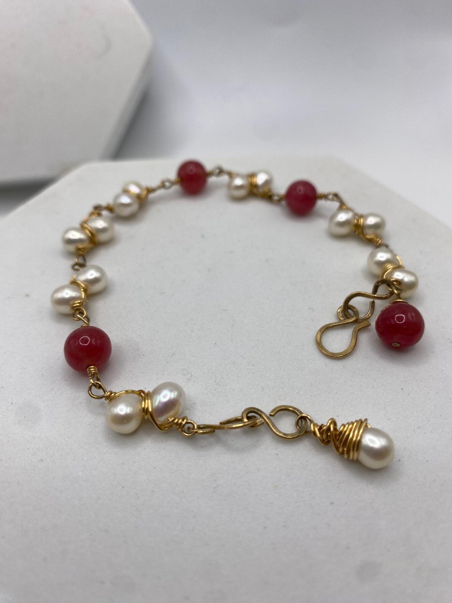 Handmade Gemstone Bracelet by Hip Chick Jewelry, Ruby & Pearl Bracelet in Gold Fill by Hip Chick Jewelry, Ruby Bracelet, Pearl Bracelet, Gold Wire Wrap Bracelet