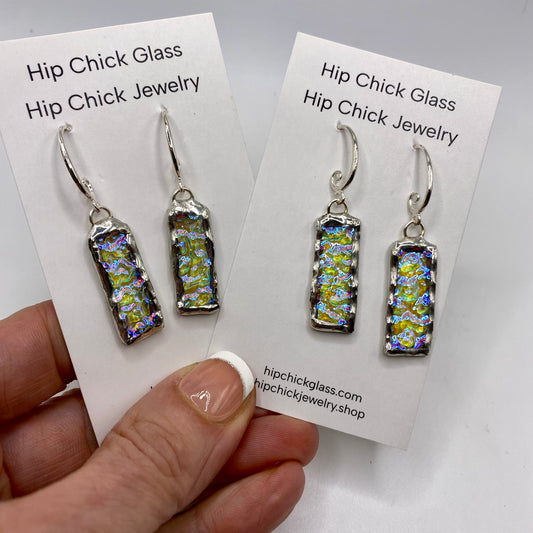 Iridescent Rectangle Earrings | Stained Glass Earrings by Hip Chick Glass, Stained Glass Dangle Drop Earrings, Stained Glass Earrings