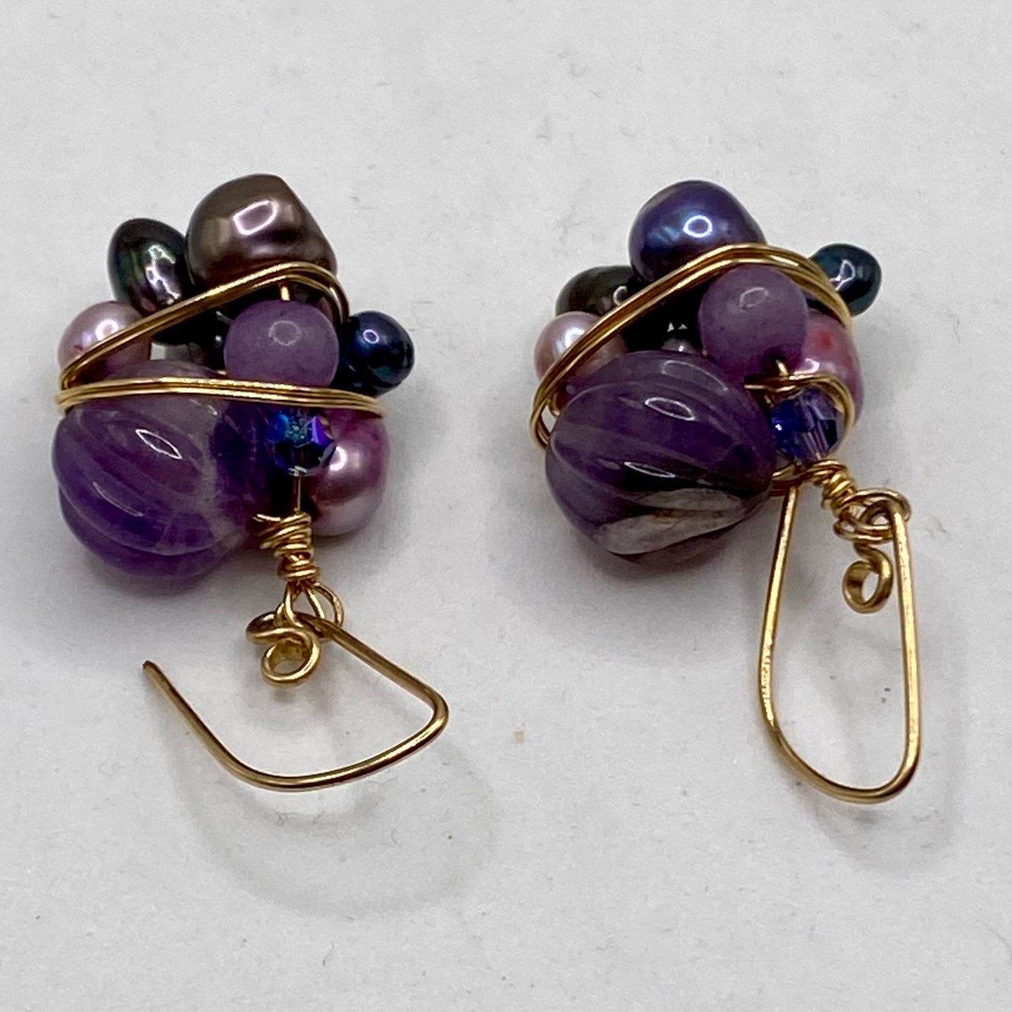 OOAK Gold Wire Wrap Cluster Earrings by Hip Chick Glass, Handmade Amethyst Earrings, Pearl Earrings, Handmade Gemstone Earrings, February Birthstone, June Birthstone, Boho Luxe Earrings