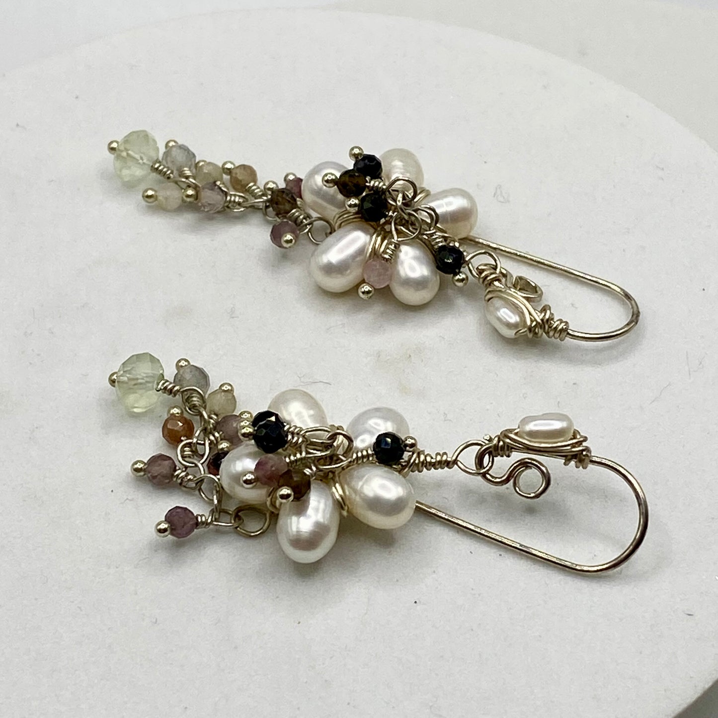 Pearl, Prenite & Watermelon Tourmaline Flower Earrings by Hip Chick Glass, Sterling Silver Wire Wrap Earrings, Handmade Gemstone Jewelry, June Birthstone Gift