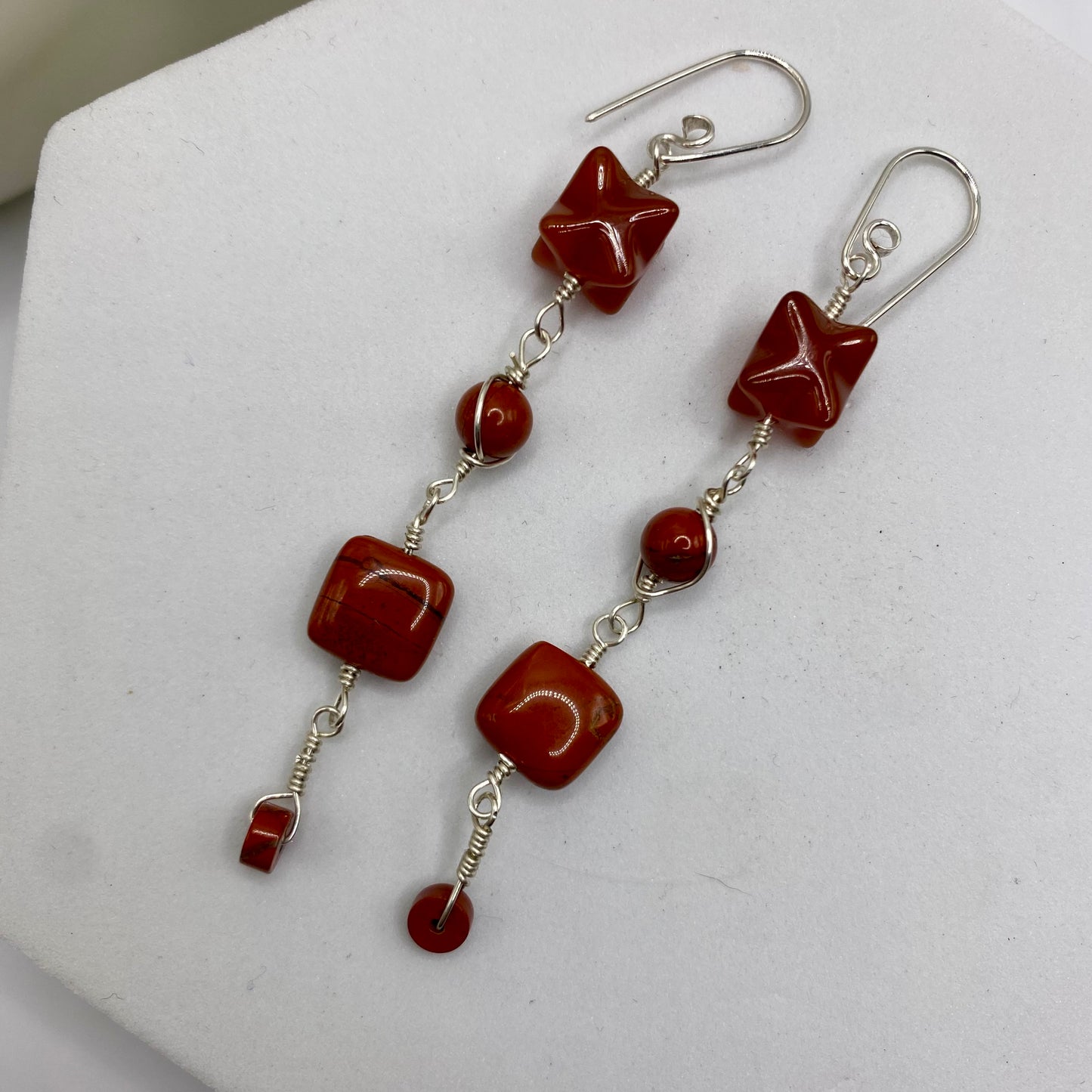 Carnelian & Red Jasper Long Dangle Earrings by Hip Chick Glass, Sterling Silver Earrings, Handmade Gemstone Jewelry, Orange Gemstone Gift