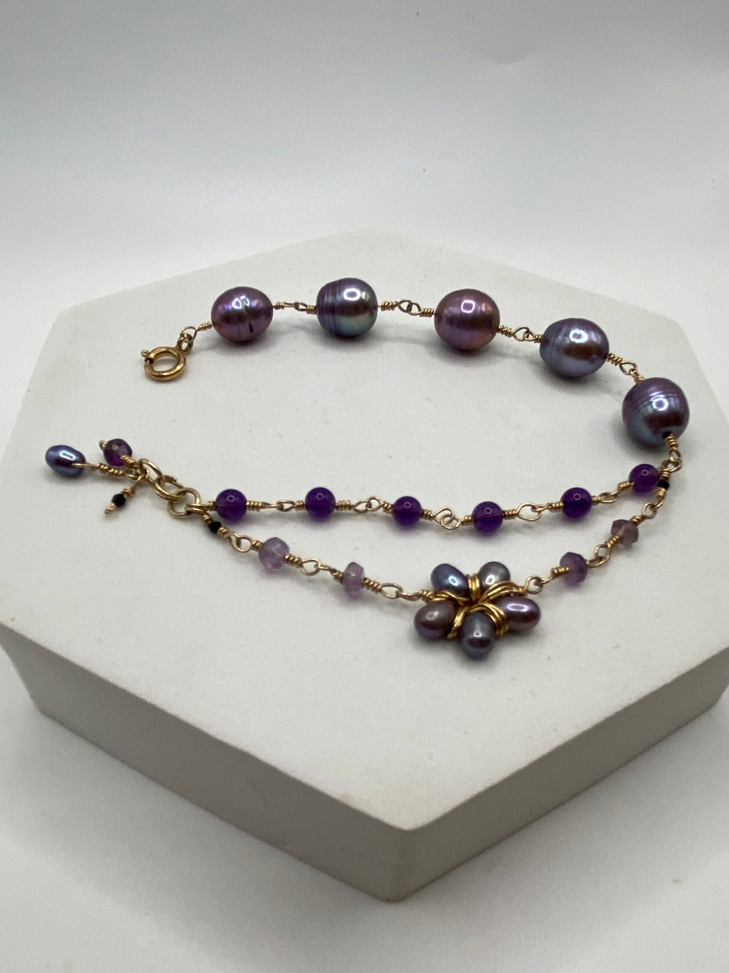 Gold Pearl & Amethyst Bracelet by Hip Chick Glass, Handmade Gold Fill Wire Wrap Jewelry, Handmade Gemstone Bracelet, June & February Birthstone Gift