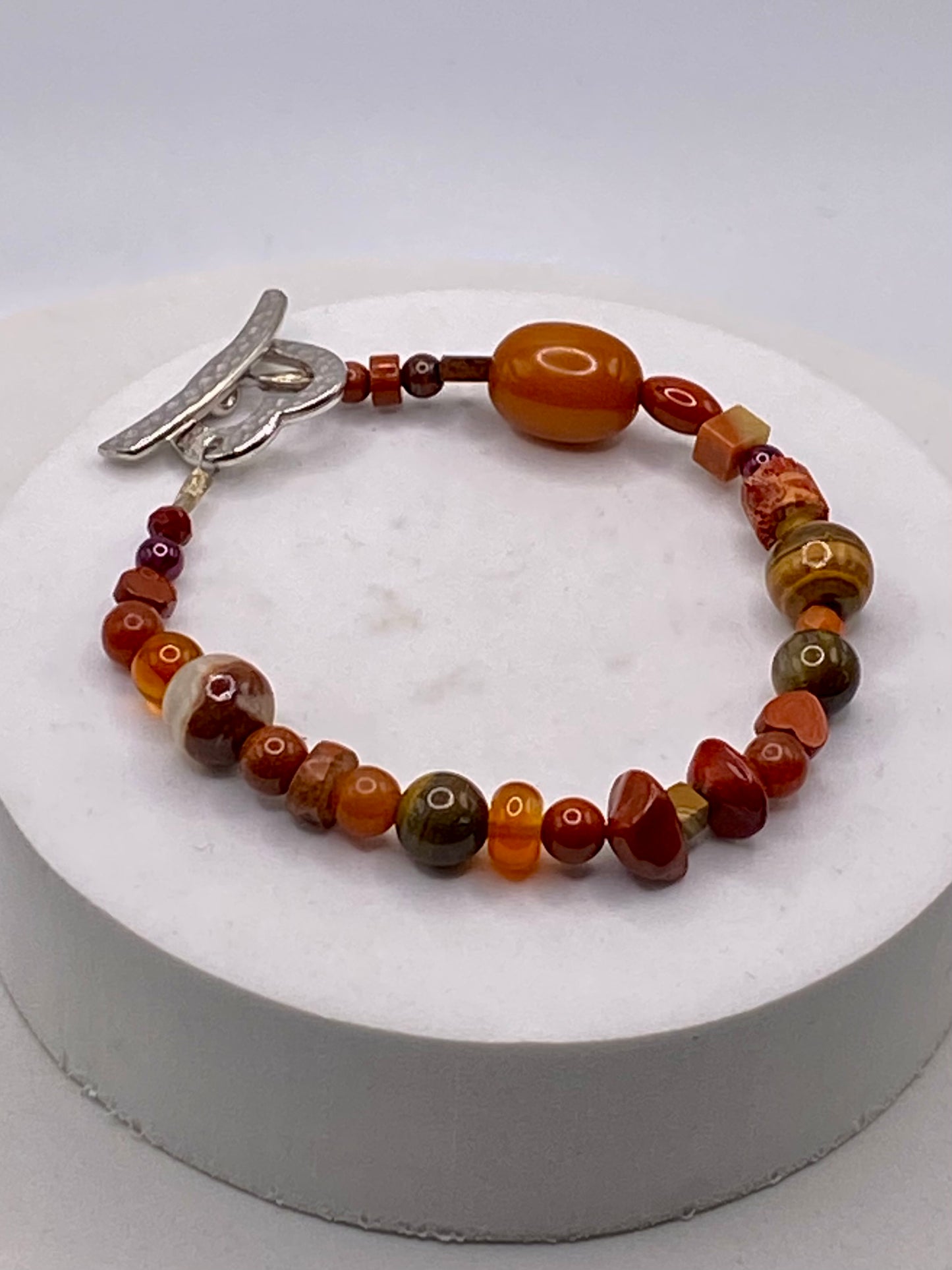 Valentines Day Bracelet with Pewter Heart Clasp & Mixed Orange Gemstones by Hip Chick Glass, Handmade Bracelet, Handmade Gemstone Bracelet, Birthstone Gift