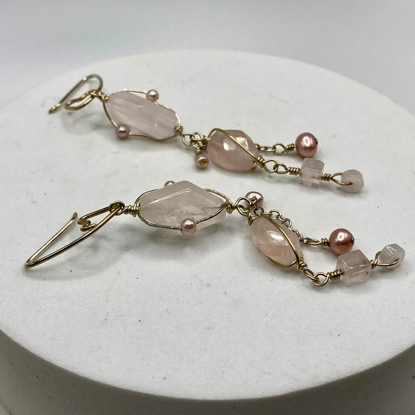 Long Rose Quartz Earrings with Pearl Wrap by Hip Chick Glass, Boho Luxe Gemstone Earrings, Handmade Rose Quartz Earrings, June Birthstone Gift