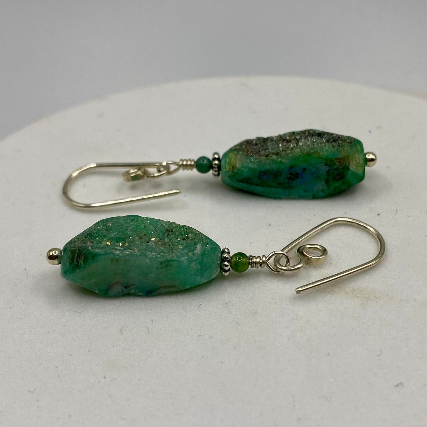Green Druzy Agate Dangle Earrings by Hip Chick Glass, Sterling Silver Earrings, Handmade Gemstone Jewelry, Gemstone Jewelry Gift
