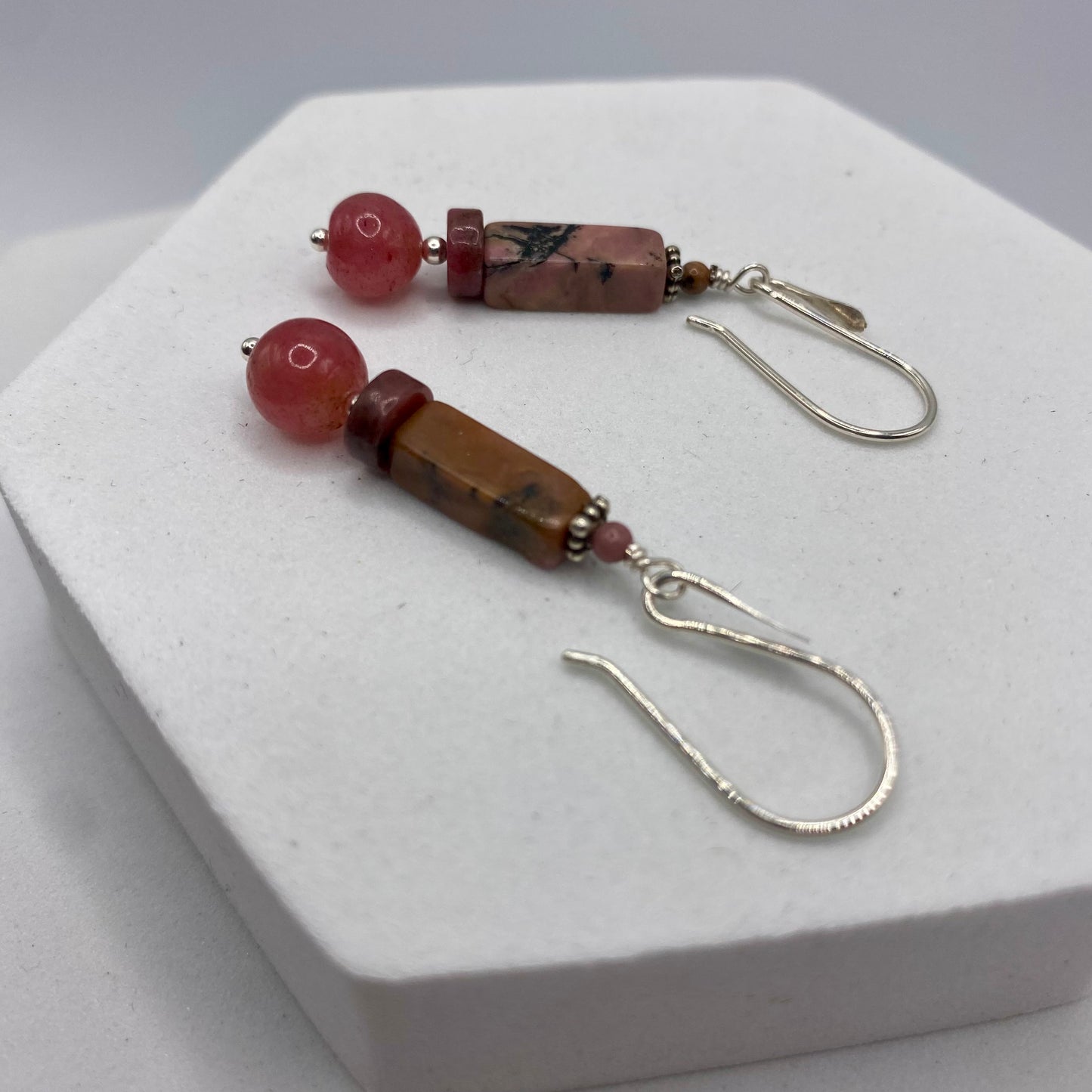 Rhodochrosite & Ruby Dangle Earrings by Hip Chick Glass, Sterling Silver Earrings, Handmade Gemstone Jewelry, Handmade Jewelry Gift