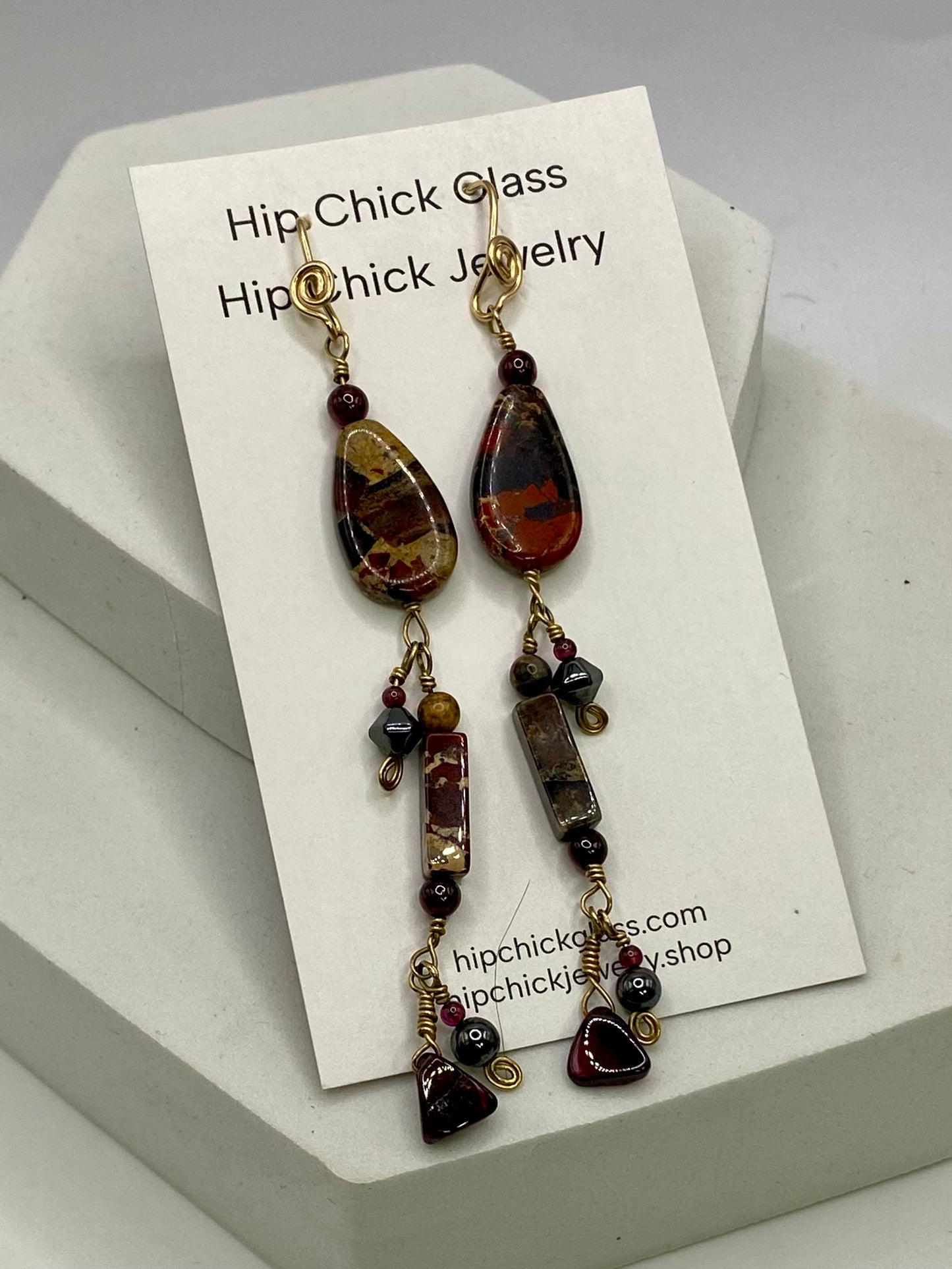 Jasper Hematite Garnet Gold Dangle Earrings by Hip Chick Glass, 14 Karat Gold Fill Earrings, Handmade Gemstone Jewelry, Birthstone Gift