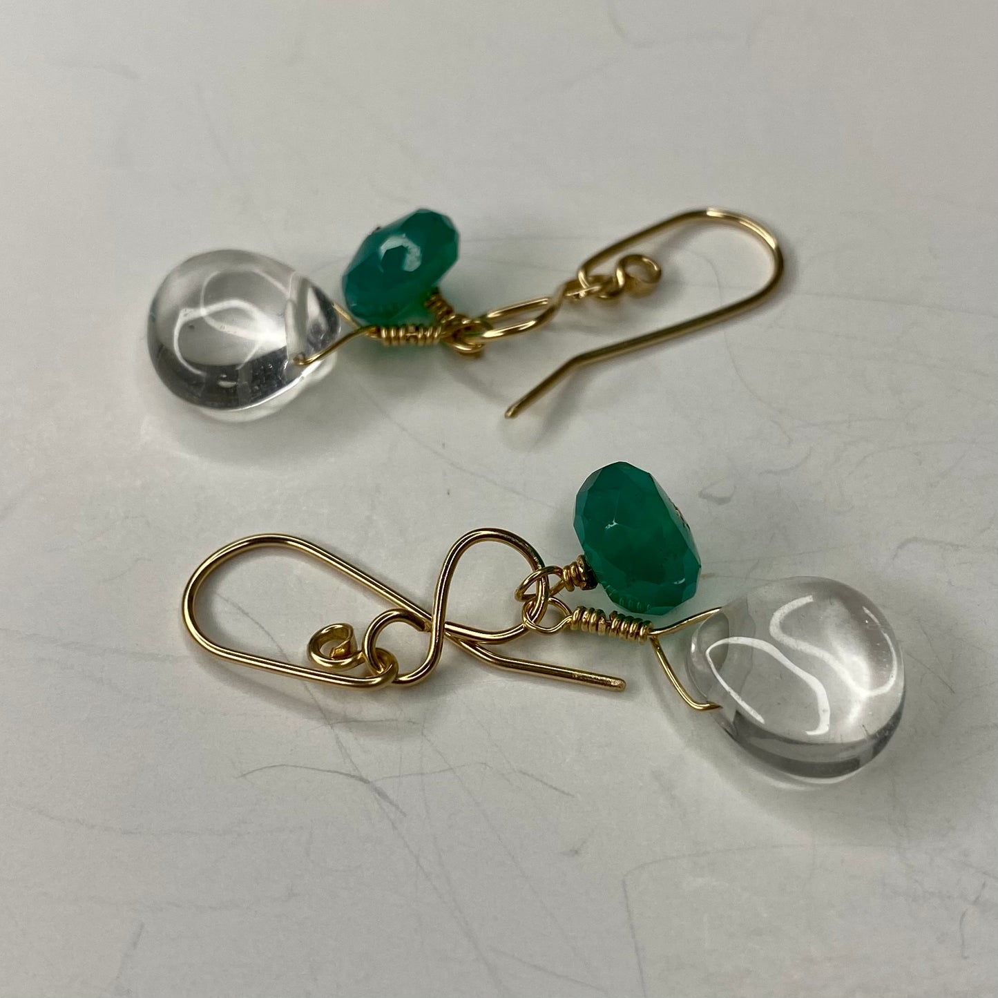 Green Agate & Quartz Crystal Dangle Earrings by Hip Chick Glass, 14 Karat Gold Fill Earrings, Handmade Gemstone Jewelry, Birthstone Gift