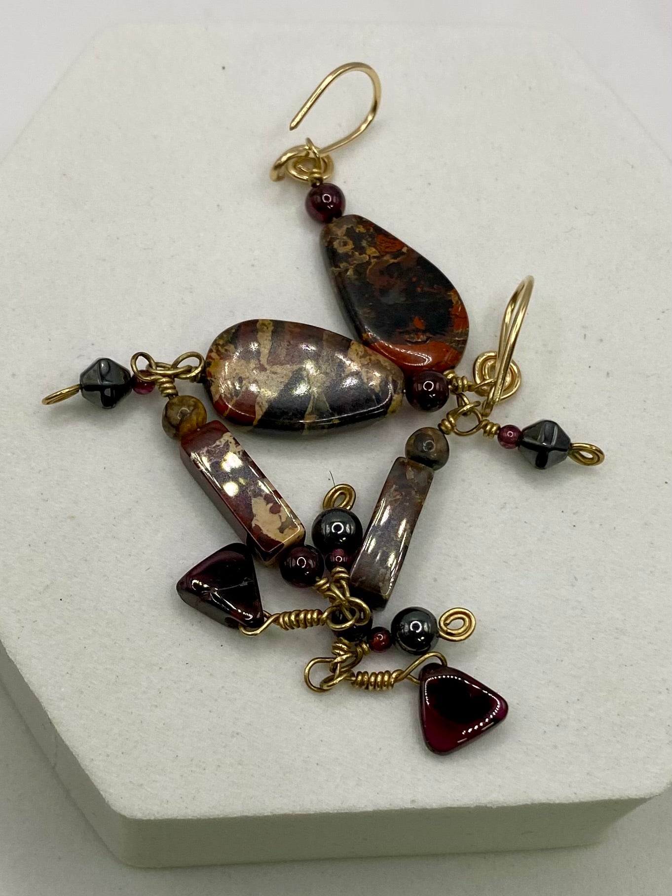 Jasper Hematite Garnet Gold Dangle Earrings by Hip Chick Glass, 14 Karat Gold Fill Earrings, Handmade Gemstone Jewelry, Birthstone Gift