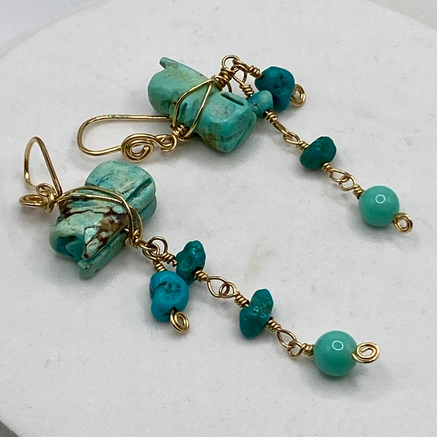 Turquoise & Vintage Glass Dangle Earrings by Hip Chick Glass, Handmade Gold Fill Earrings, Handmade Gemstone Jewelry, December Birthstone Gift