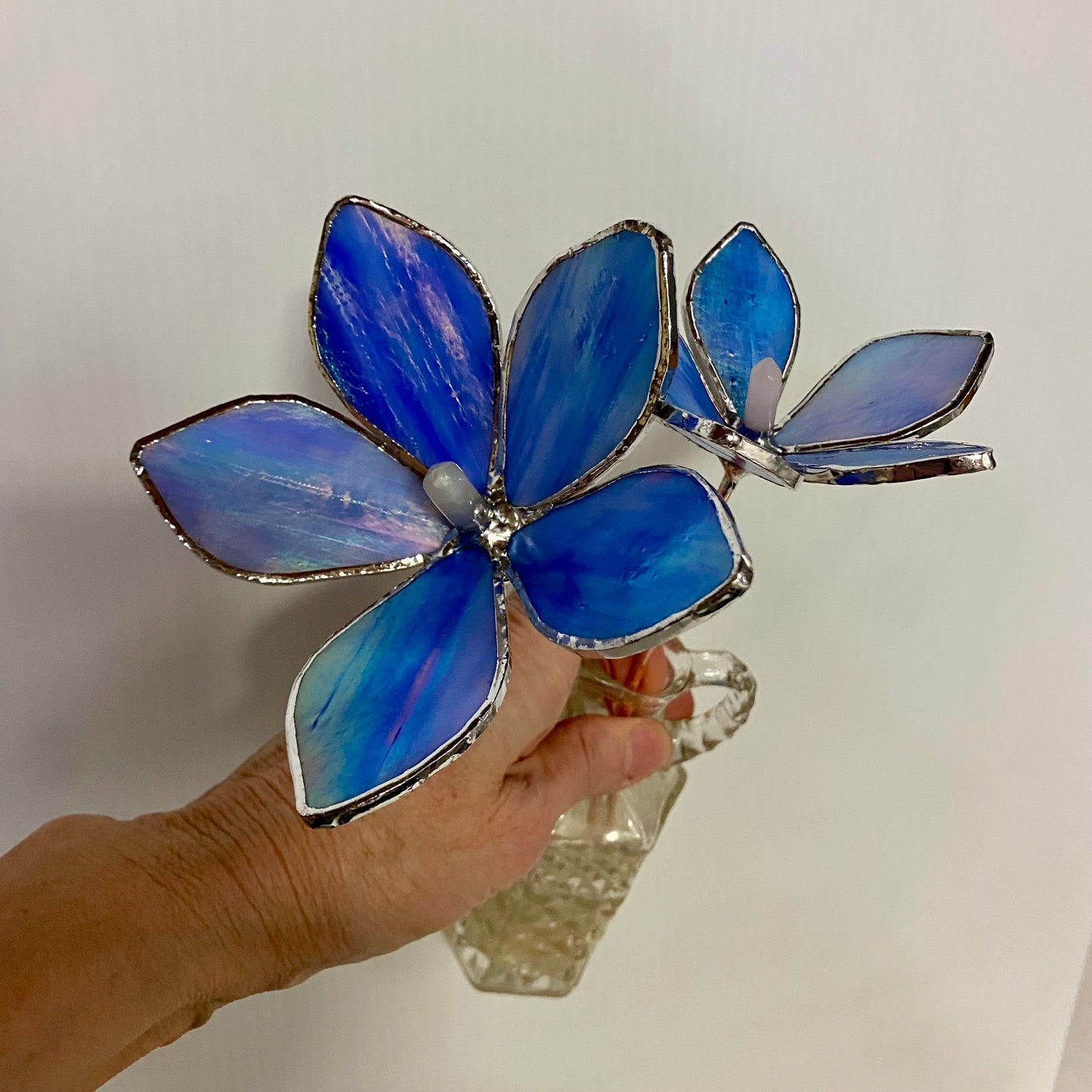 Iridescent Blue Glass Flower Plant Stakes by Hip Chick Glass | Stained Glass Flower Bouquet, Glass Flowers with Quartz Crystals on a Stem, Handmade Home Decor, Wedding Bouquet Keepsake, Tabletop Decor