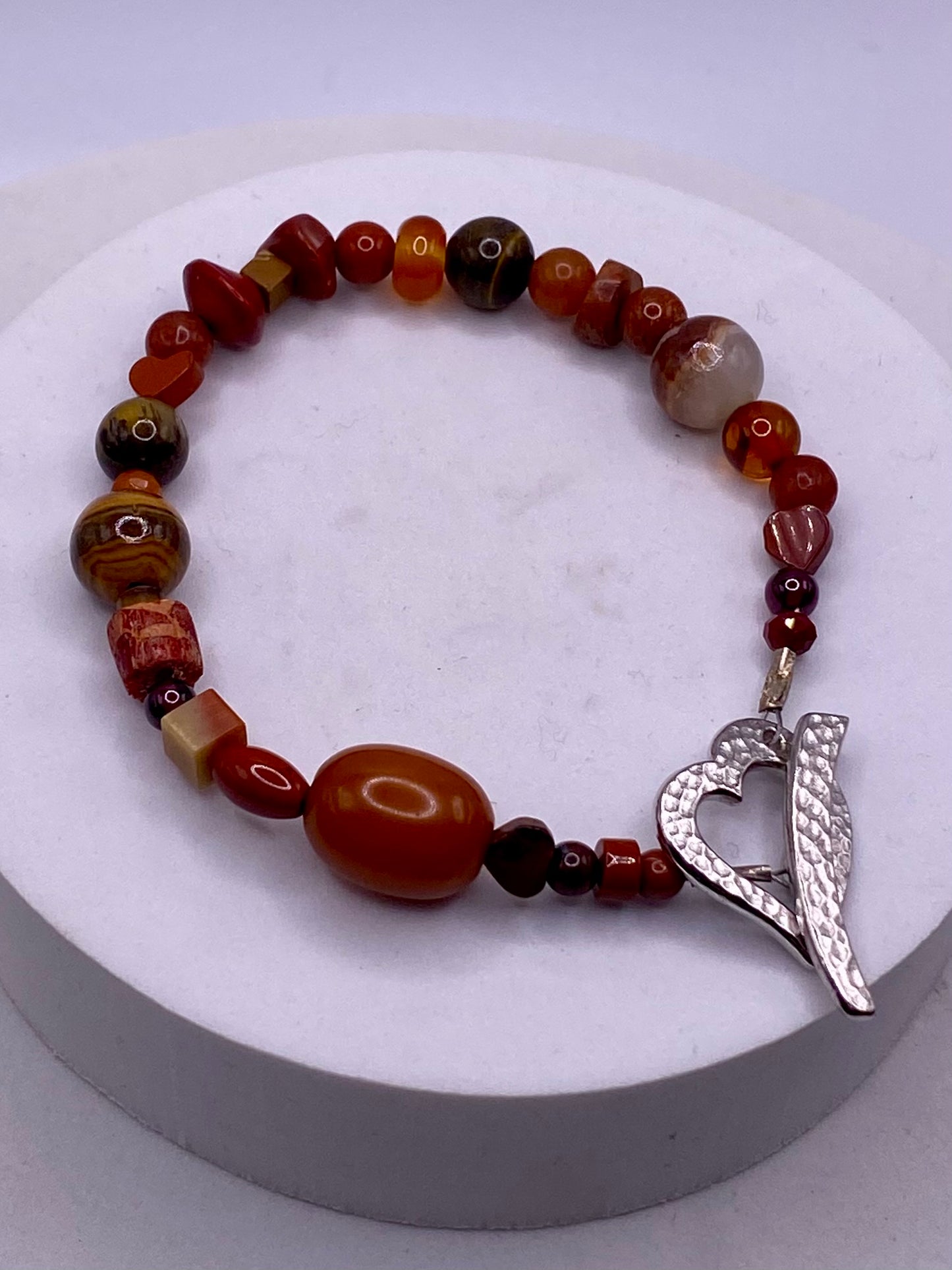Valentines Day Bracelet with Pewter Heart Clasp & Mixed Orange Gemstones by Hip Chick Glass, Handmade Bracelet, Handmade Gemstone Bracelet, Birthstone Gift