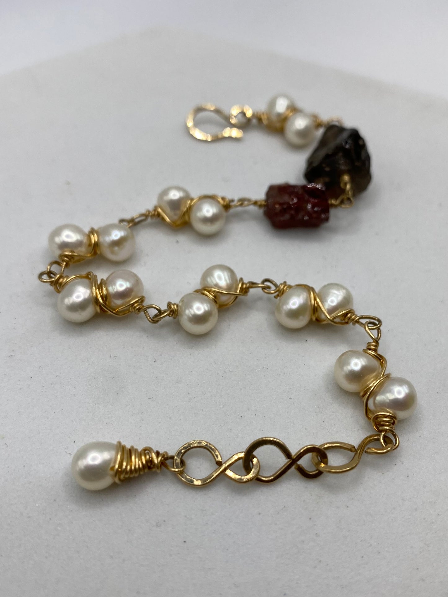 Gold Pearl, Raw Smoky Quartz & Raw Garnet Bracelet by Hip Chick Glass, Handmade Gold Fill Wire Wrap Jewelry, Handmade Gemstone Bracelet, June & January Birthstone Gift