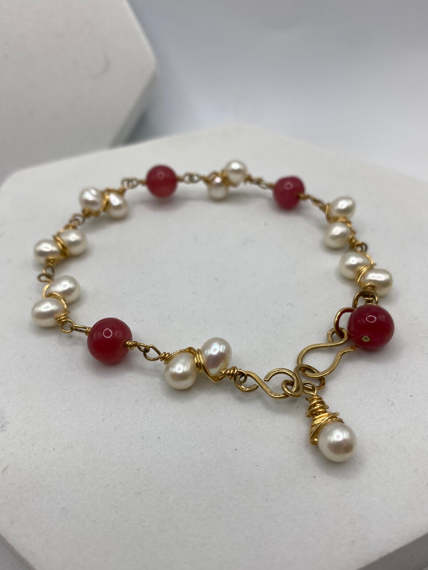 Gold Pearl & Raw Ruby Bracelet by Hip Chick Glass, Handmade Gold Fill Wire Wrap Jewelry, Handmade Gemstone Bracelet, June & July Birthstone Gift