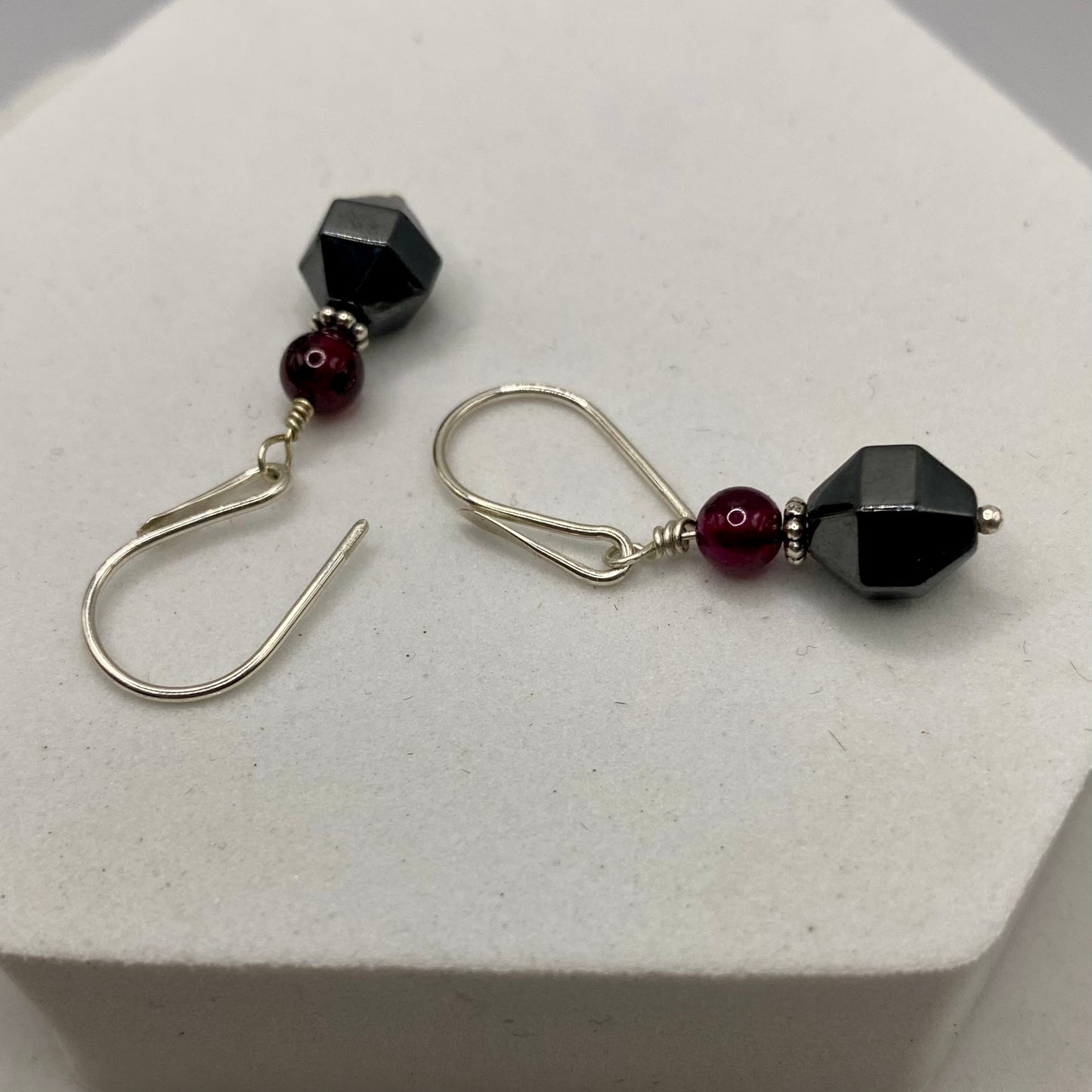 Garnet & Hematite Earrings by Hip Chick Glass, Sterling Silver Earrings, Handmade Gemstone Jewelry, Handmade Jewelry Gift, January Birthstone