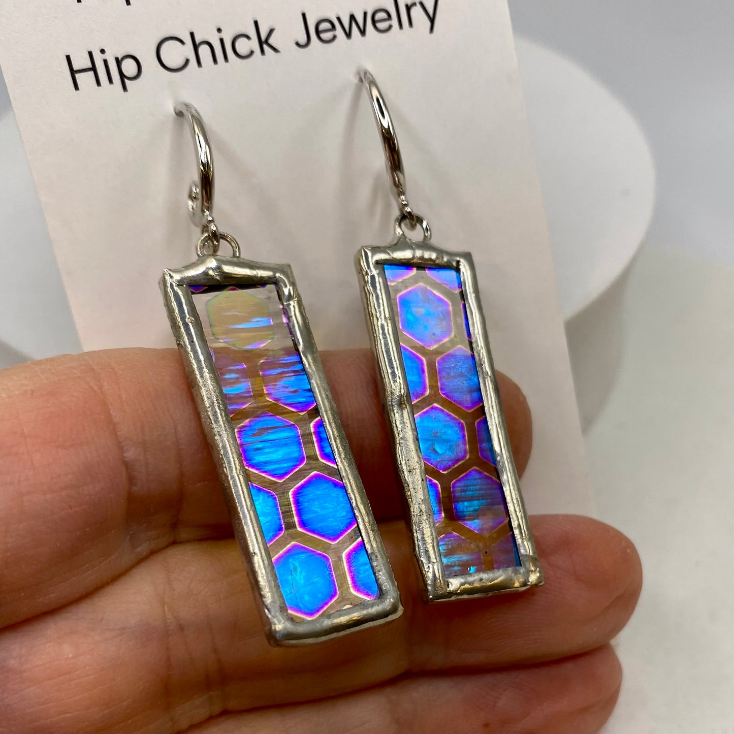 Honeycomb Dichroic Earrings | Stained Glass Earrings by Hip Chick Glass, Iridescent Statement Earrings, Geometric Earrings