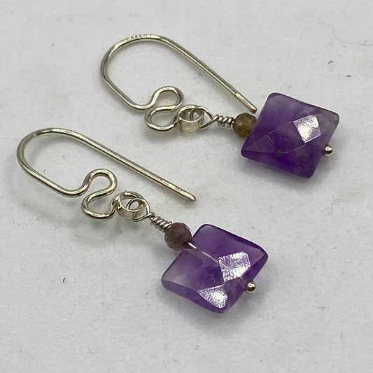 Square Faceted Amethyst Earrings by Hip Chick Glass, Sterling Silver Amethyst Earrings, Handmade Boho Gemstone Jewelry, February Birthstone Gift