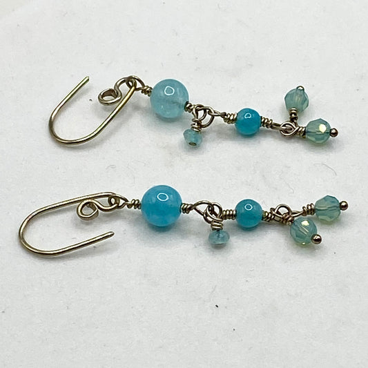 Aquamarine, Angelite & Swarovski Crystal Earrings by Hip Chick Glass, Sterling Silver Wire Wrap Earrings, Handmade Aquamarine Jewelry, March Birthstone Earrings
