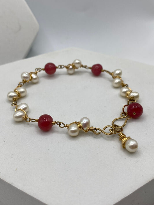 Handmade Gemstone Bracelet by Hip Chick Jewelry, Ruby & Pearl Bracelet in Gold Fill by Hip Chick Jewelry, Ruby Bracelet, Pearl Bracelet, Gold Wire Wrap Bracelet