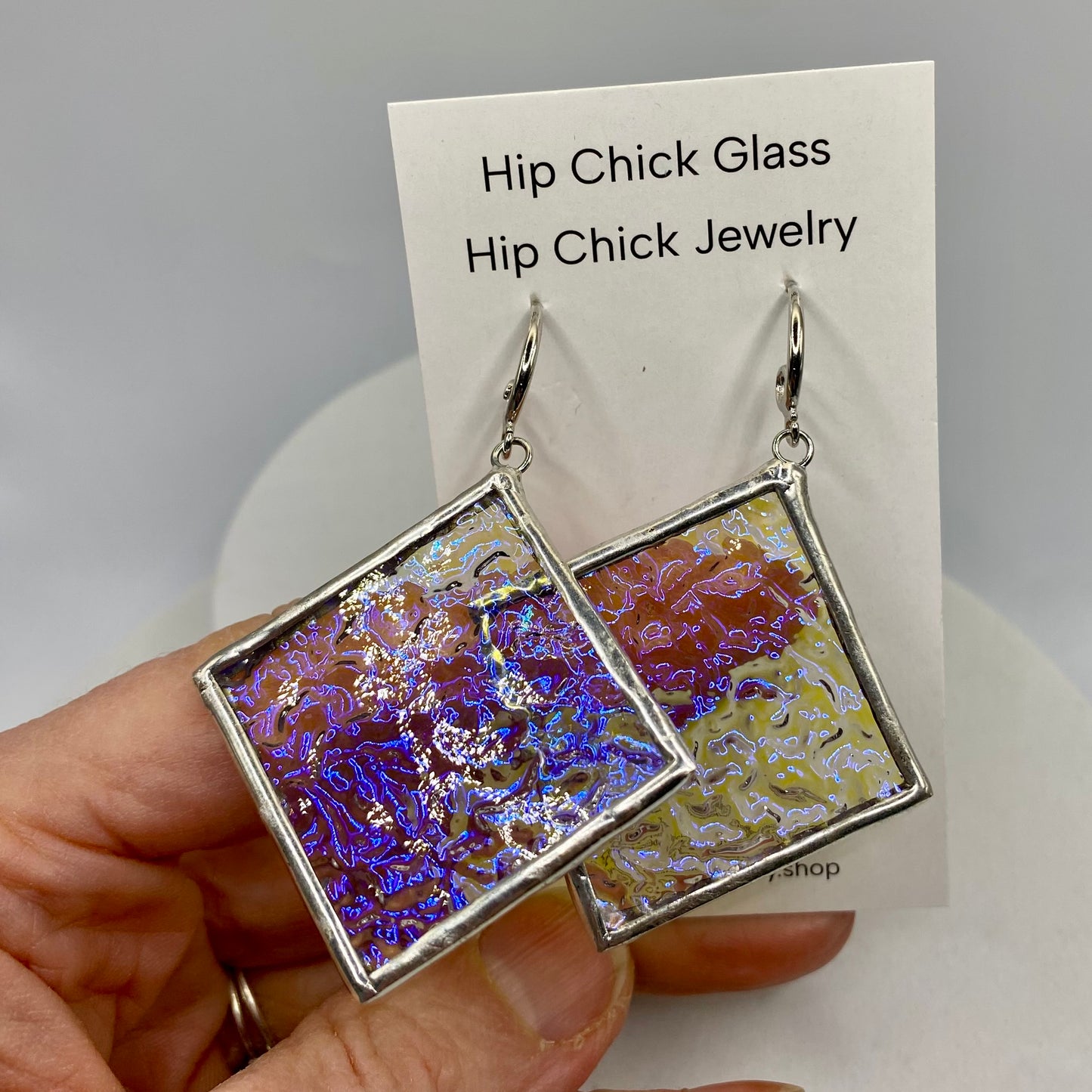 Blue Crinkle Square Earrings | Stained Glass Earrings by Hip Chick Glass, Stained Glass Dangle Drop Earrings, Stained Glass Earrings