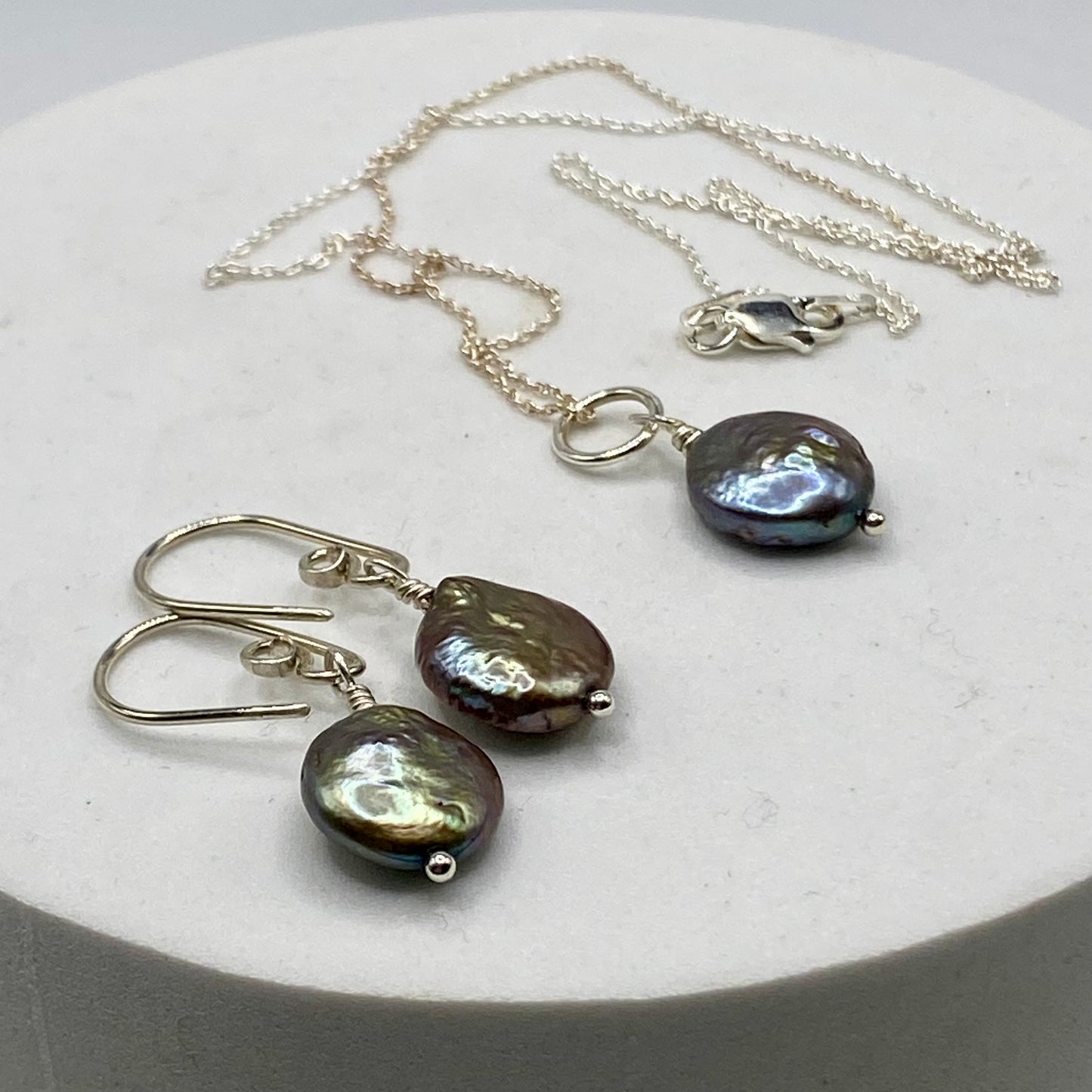 Black Coin Pearl Necklace Earring Set by Hip Chick Glass, Handmade Sterling Silver Jewelry, Handmade Pearl Jewelry Set, June Birthstone Gift