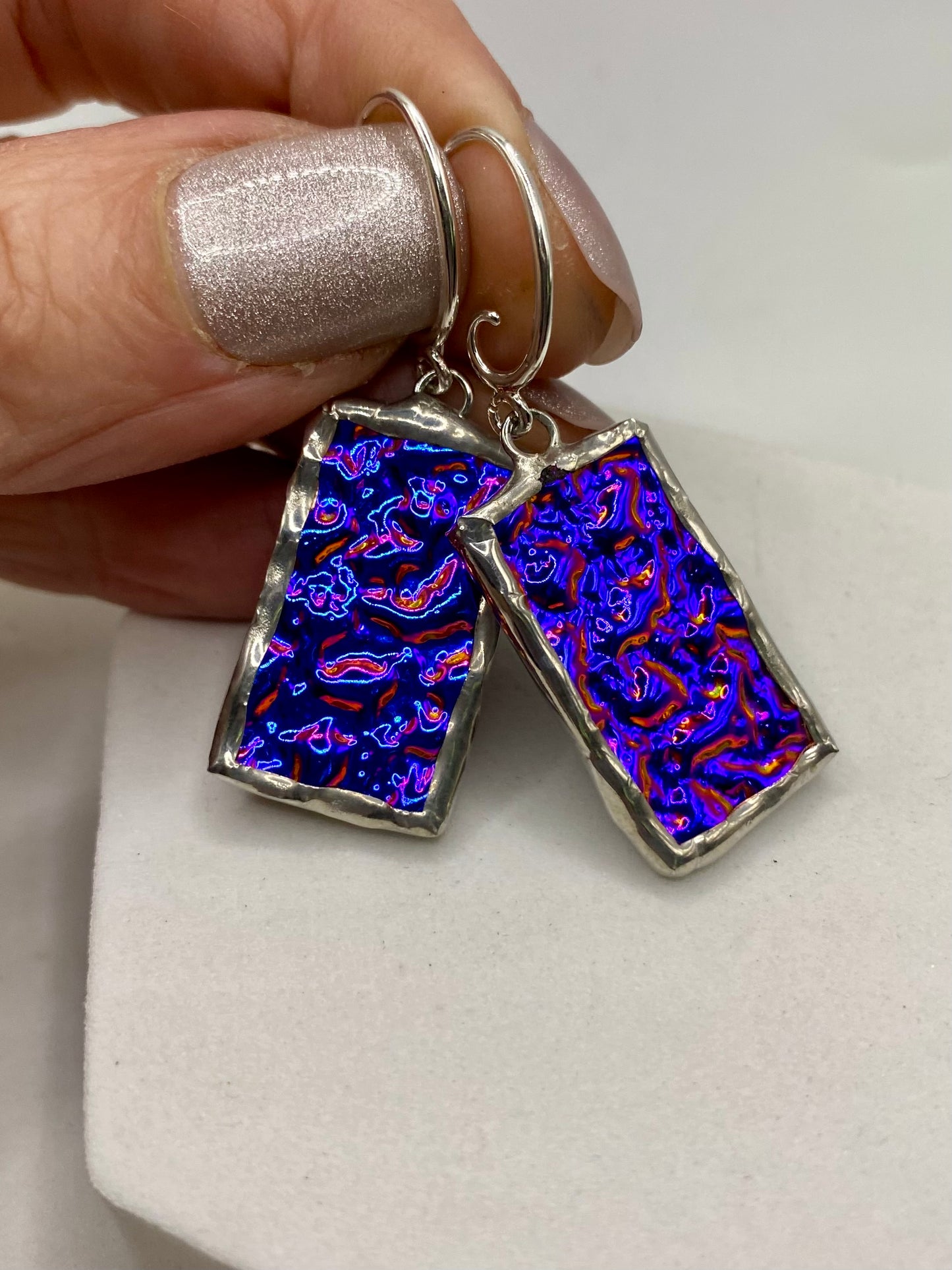 Blue Purple Rectangle Earrings | Stained Glass Earrings by Hip Chick Glass, Stained Glass Dangle Drop Earrings, Stained Glass Earrings