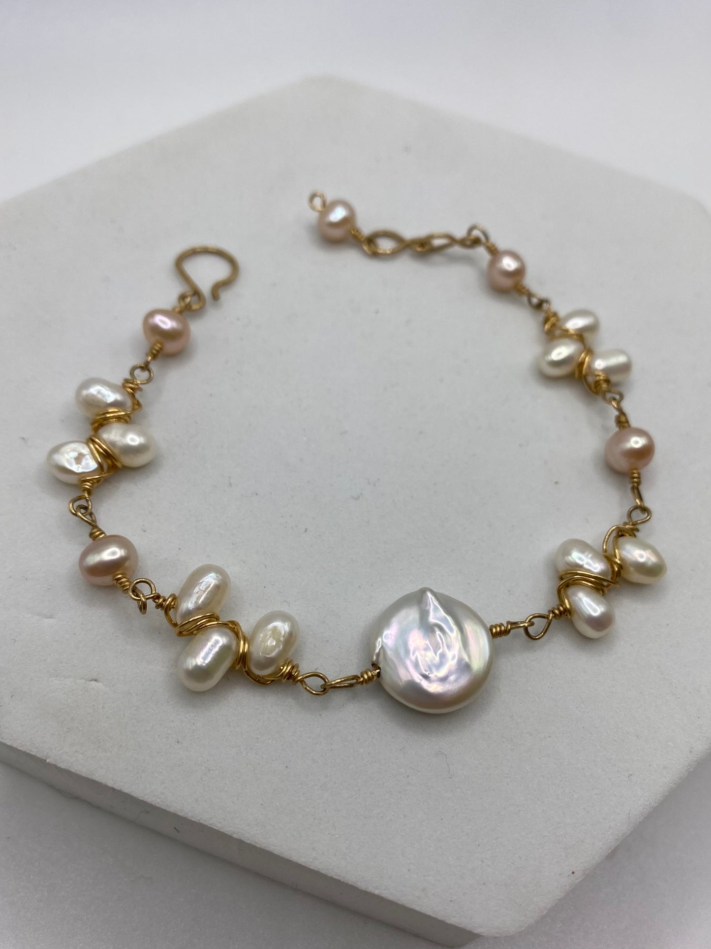 Gold Coin Pearl Bracelet by Hip Chick Glass, Handmade Gold Fill Wire Wrap Jewelry, Handmade Gemstone Bracelet, June Birthstone Gift