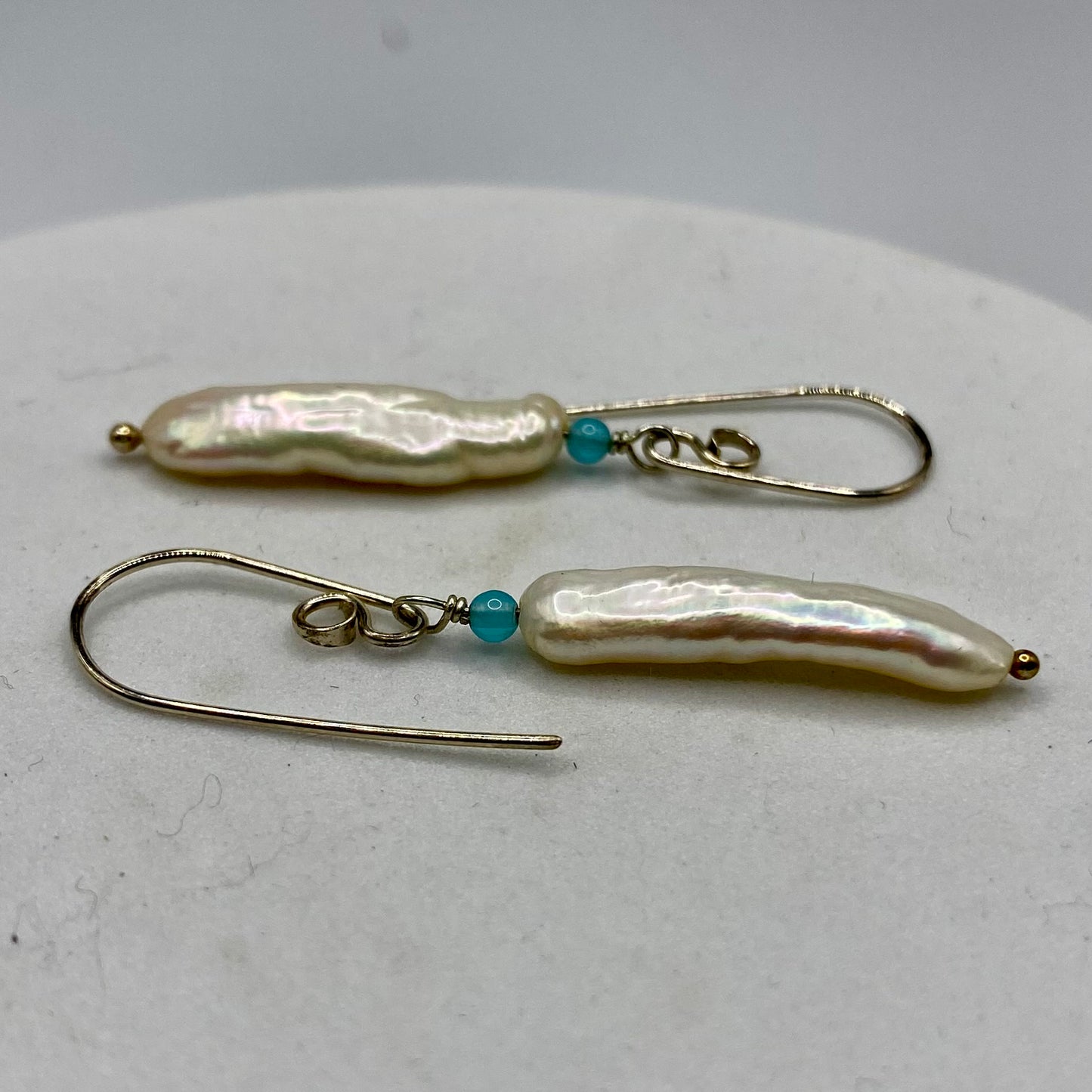 Stick Pearl & Aquamarine Dangle Earrings by Hip Chick Glass, Sterling Silver Drop Earrings, Handmade Gemstone Earrings, June Birthstone Gift, March Birthstone Gift