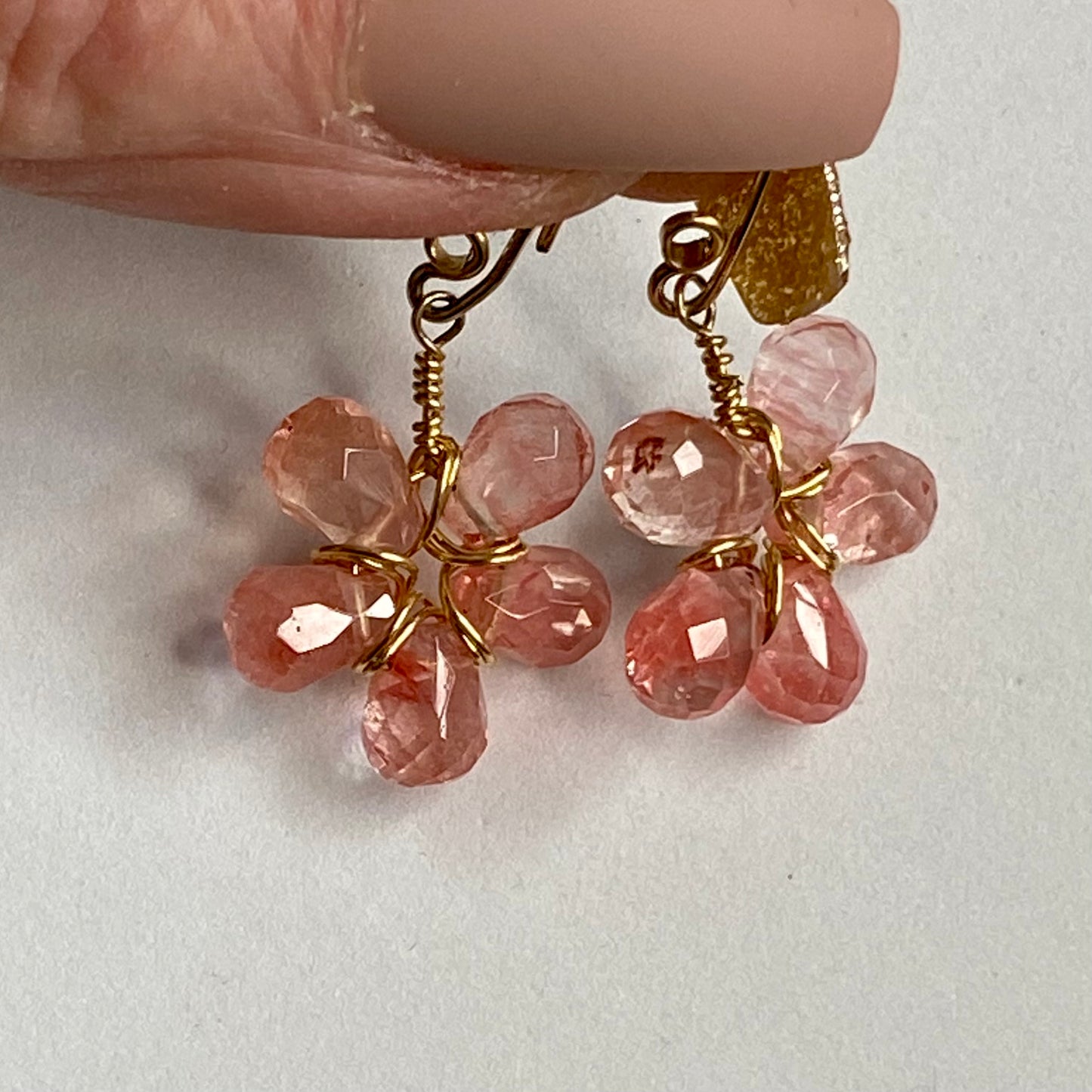 Cherry Quartz Wire Wrap Flower Earrings by Hip Chick Glass, 14 Karat Gold Fill Earrings, Handmade Gemstone Jewelry, Birthstone Gift